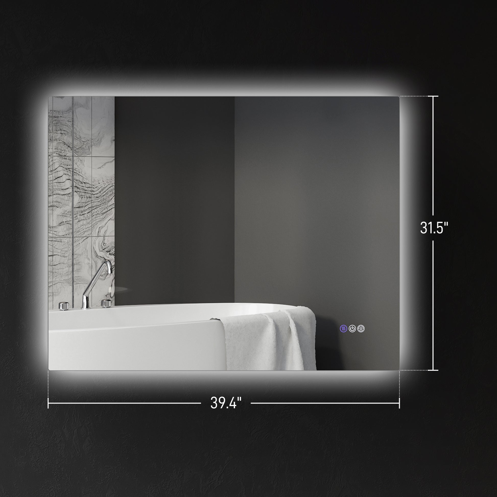 Rectangular bathroom mirror with integrated LED lighting and touch controls