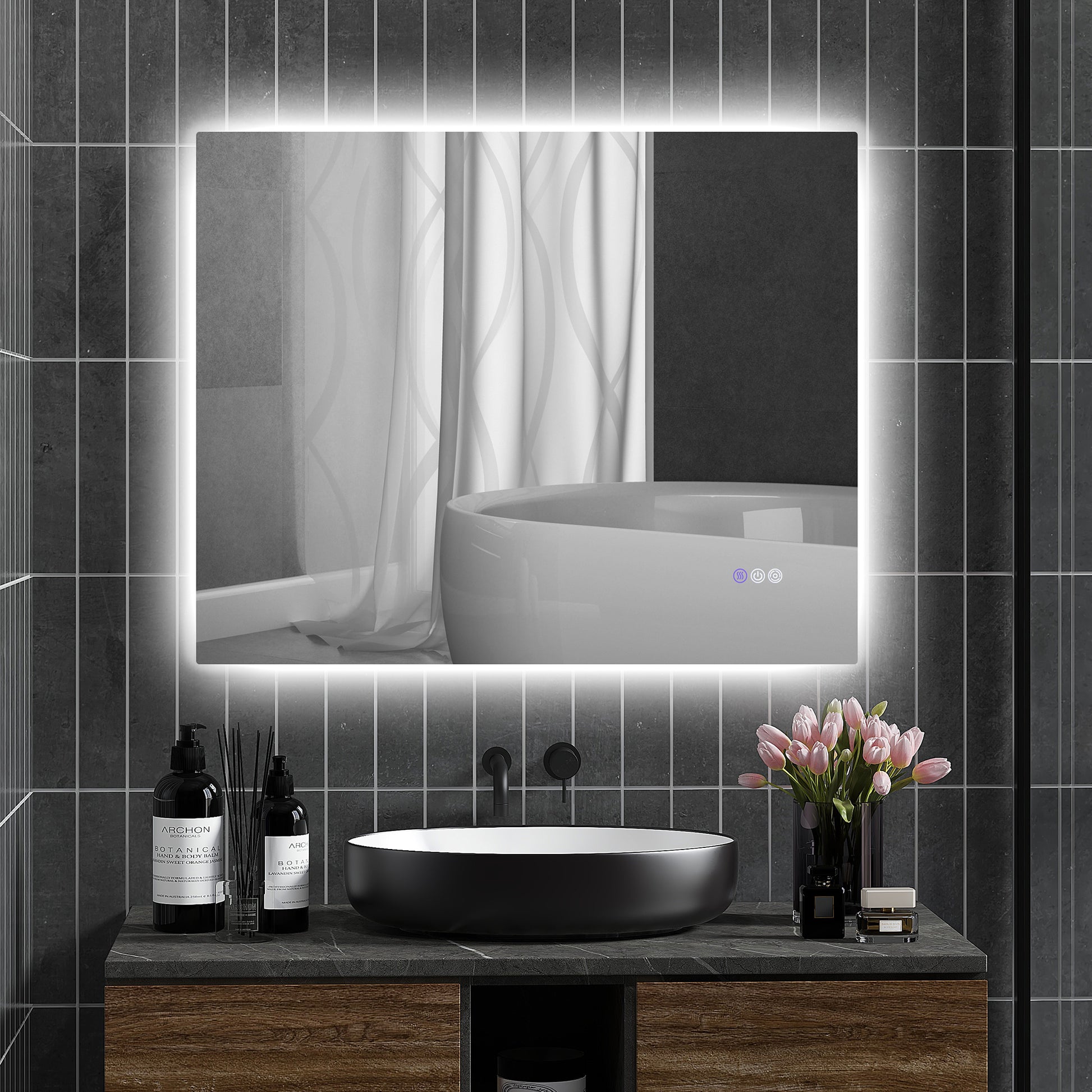 Modern backlit bathroom mirror with touch controls and defogger function