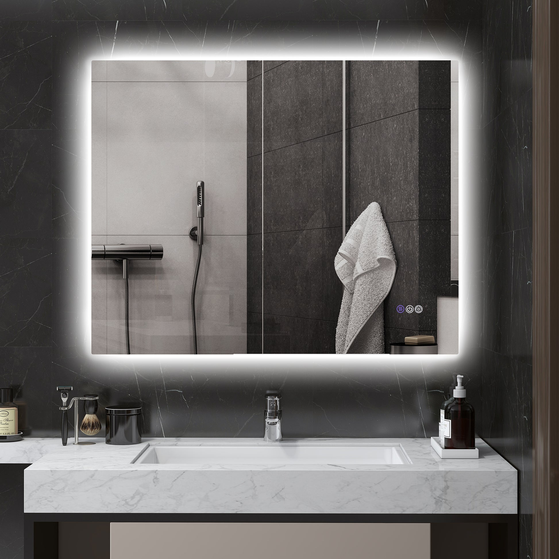 Illuminated bathroom mirror with touch controls perfect for modern vanities