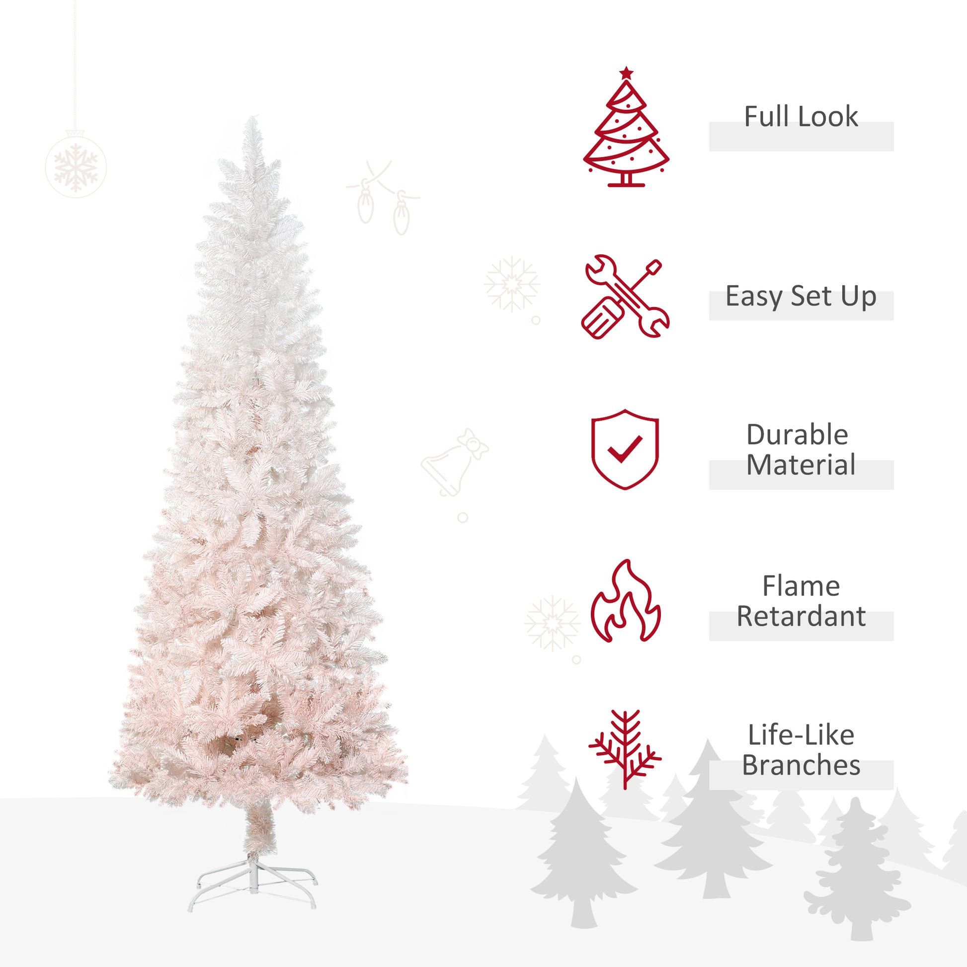 Tall slender white and pink ombre artificial Christmas tree with metal stand