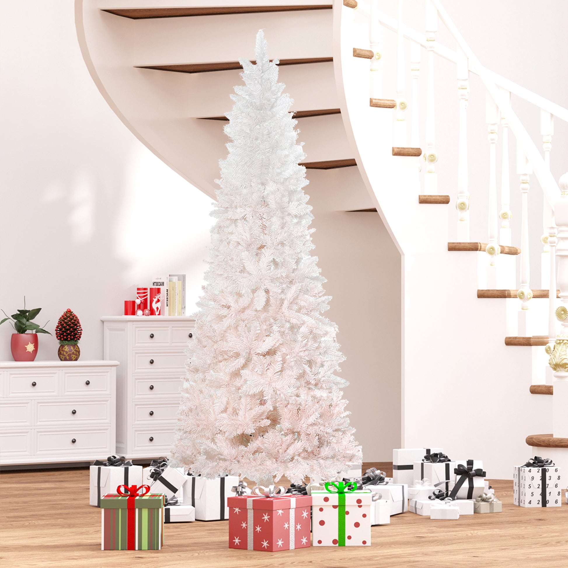 Elegant white flocked Christmas tree with pastel pink tips perfect for festive decor