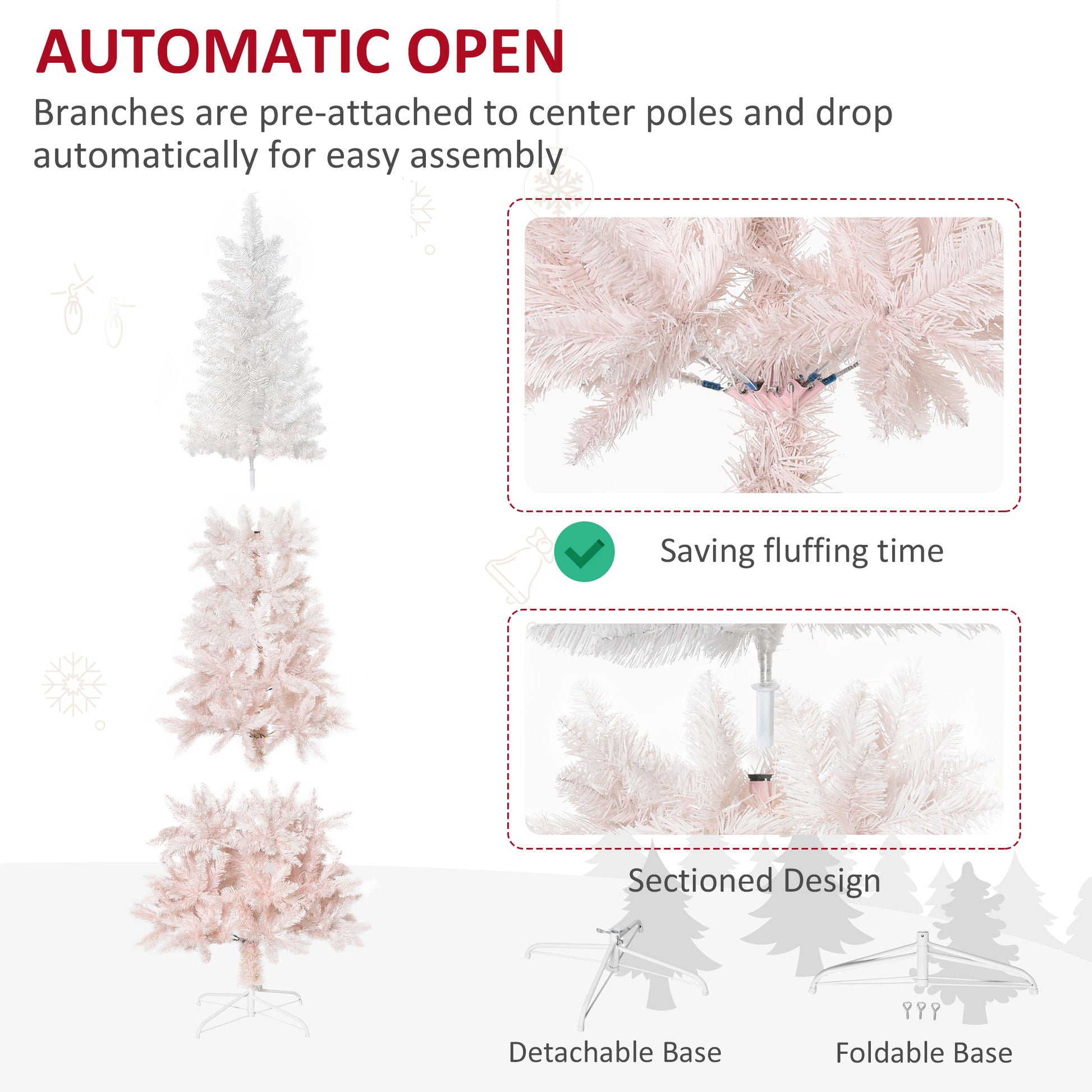 White artificial Christmas tree with preattached branches for easy assembly