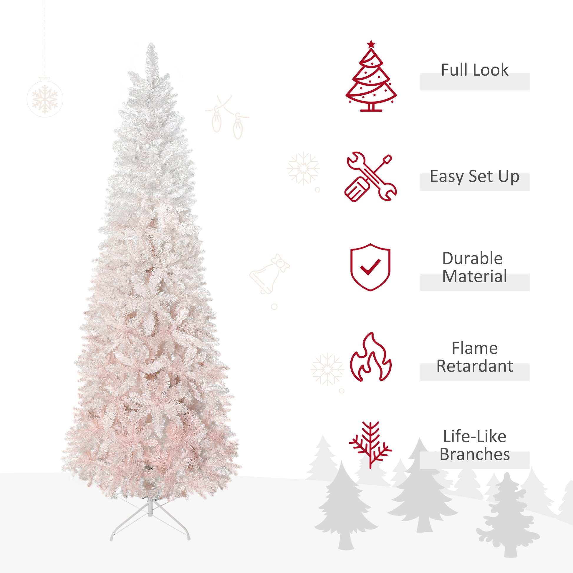 Tall slender artificial Christmas tree with white and pink ombre tinsel foliage