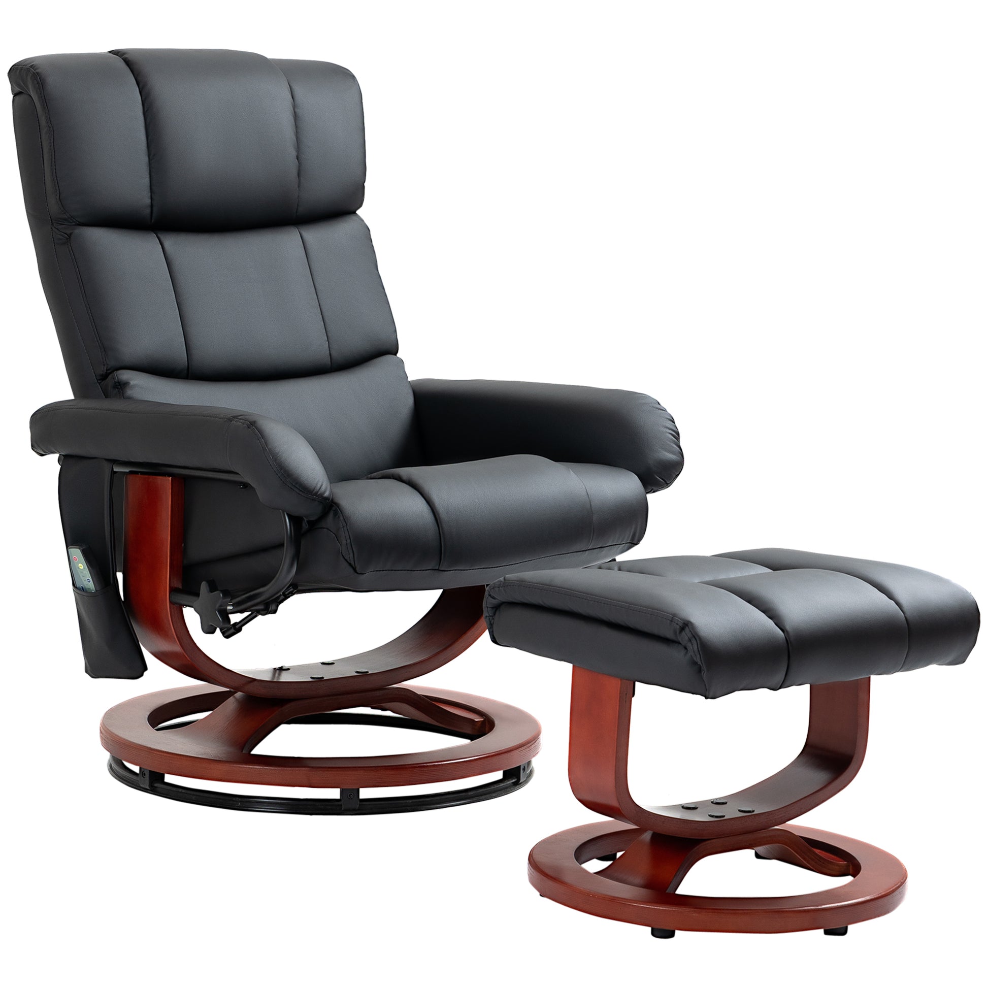 Black leather massage recliner chair and ottoman with wooden swivel base