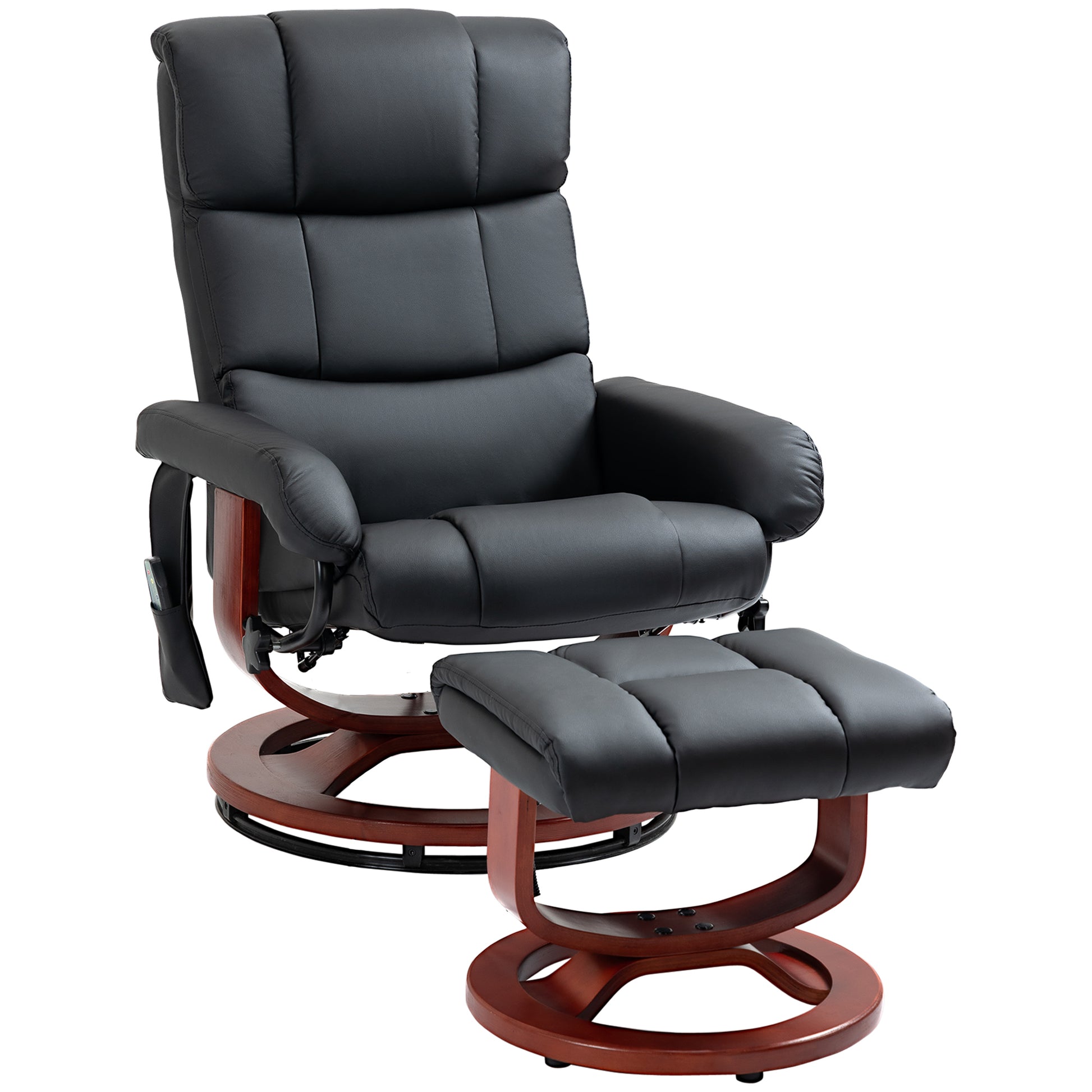 Black leather massage recliner with footrest and wooden base