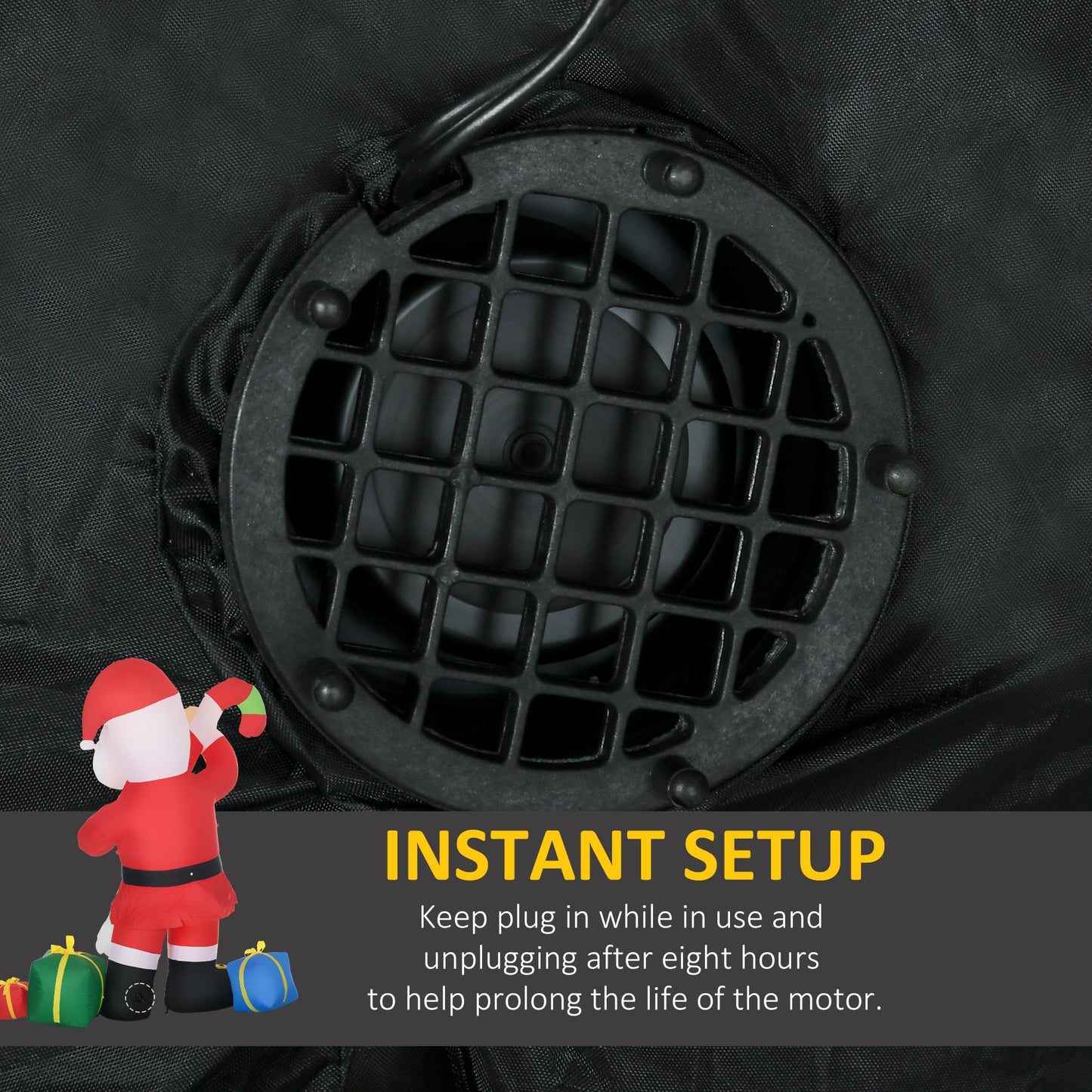 Inflatable Santa Claus decoration with black fan motor for instant setup