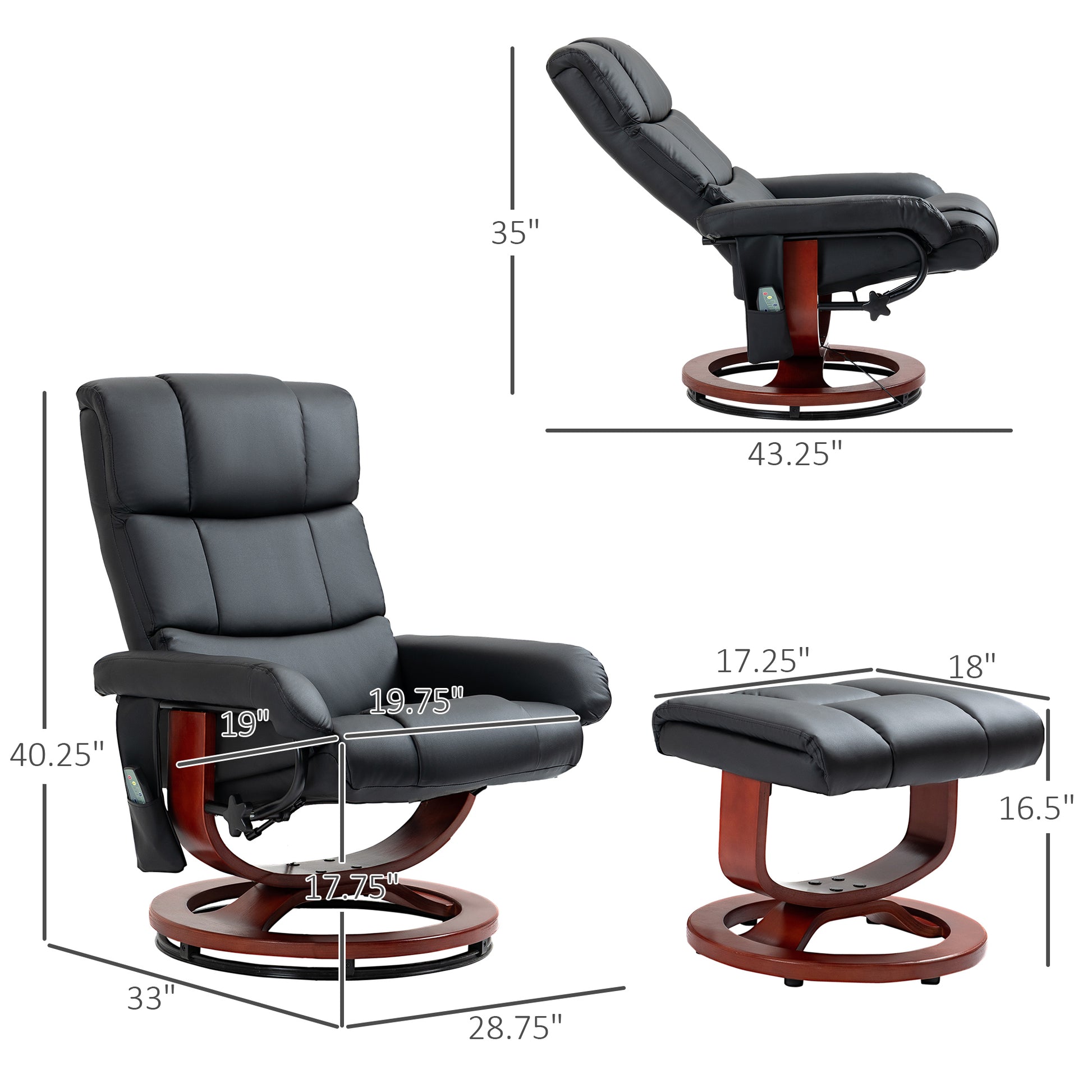 Black leather massage recliner chair with wooden base and matching ottoman