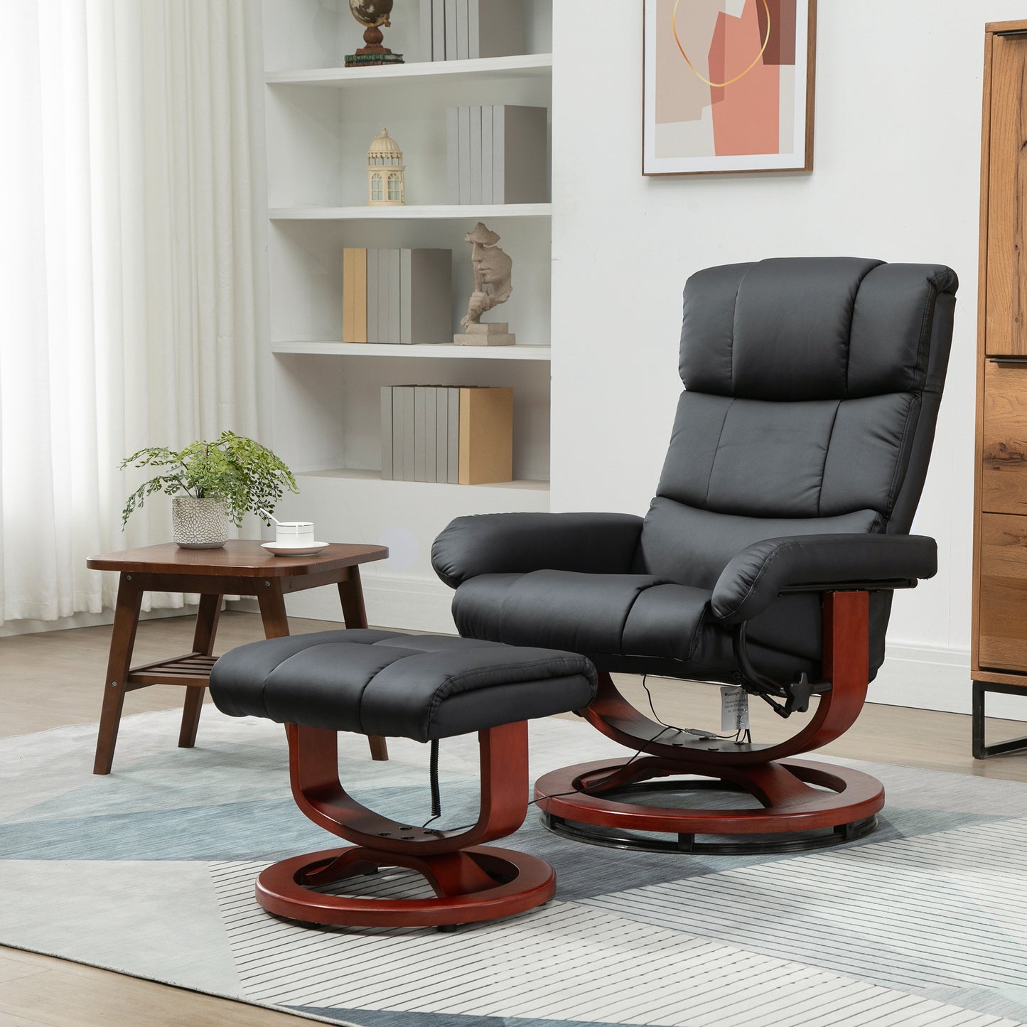 Black leather recliner chair and ottoman set with mahogany wood base ideal for living rooms