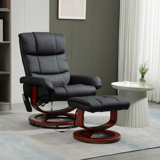 Plush black leather massage recliner with matching ottoman featuring a wooden swivel base for ultimate relaxation