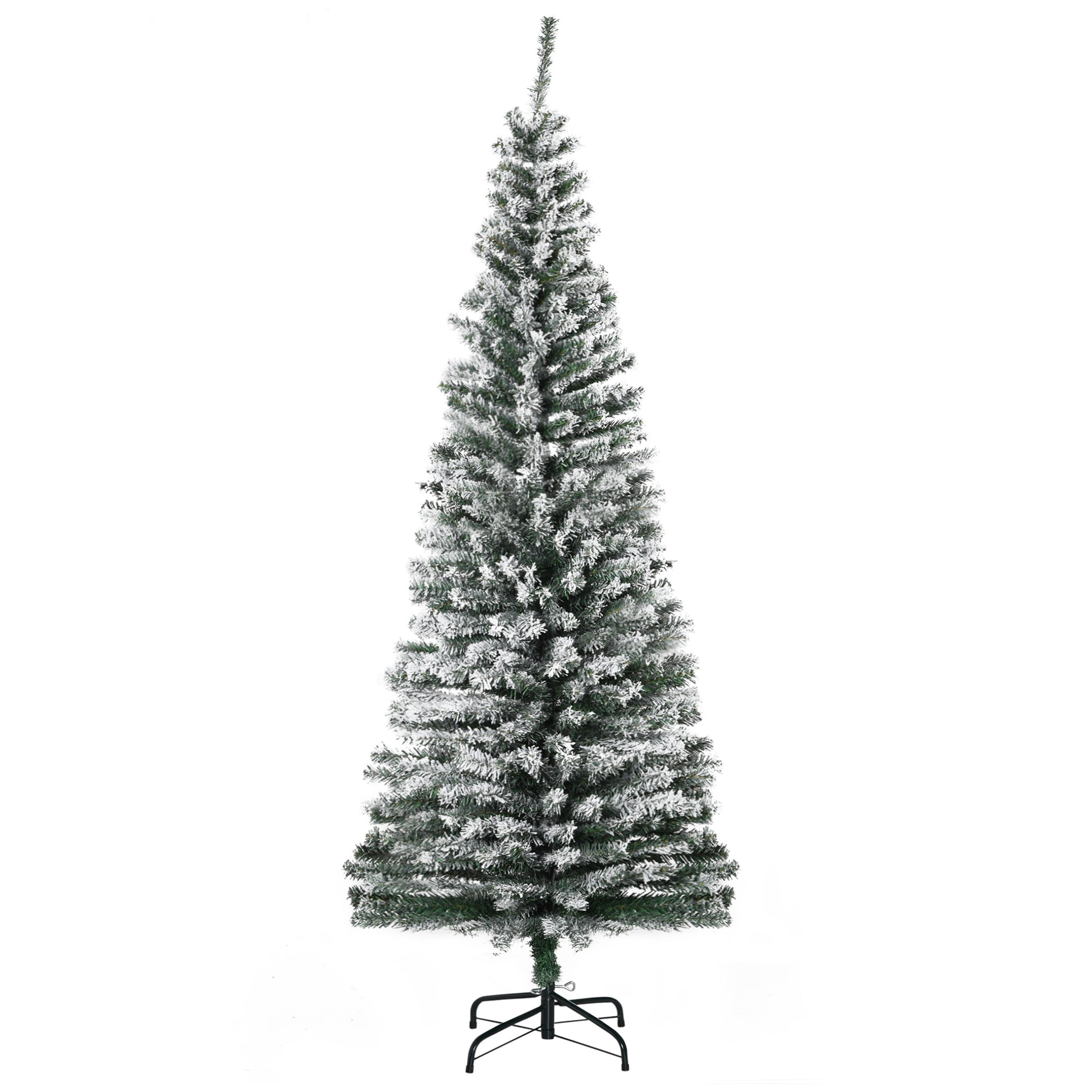Flocked slim artificial Christmas tree with metal stand for festive indoor decor