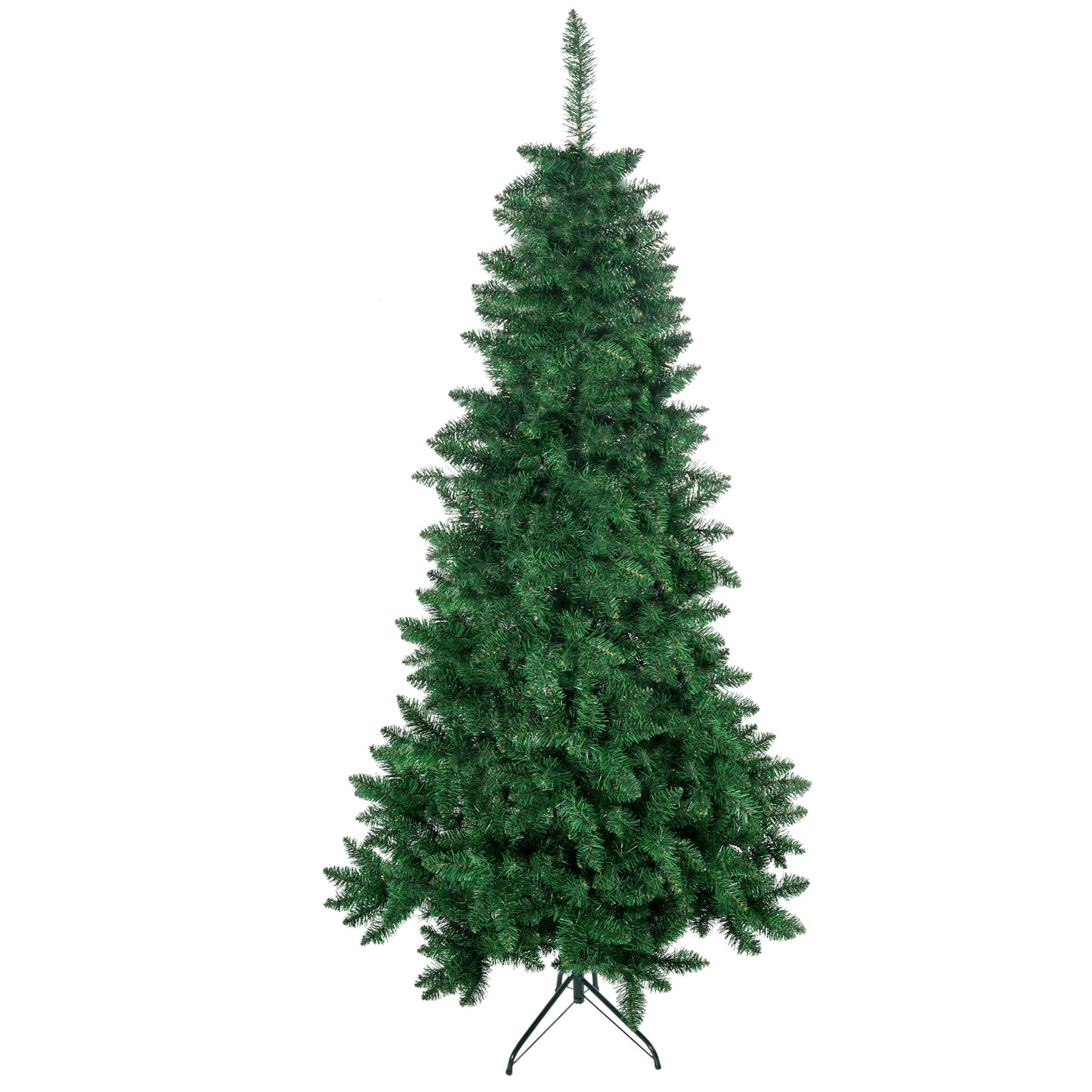Tall slender artificial Christmas tree with realistic green pine needles and a metal stand