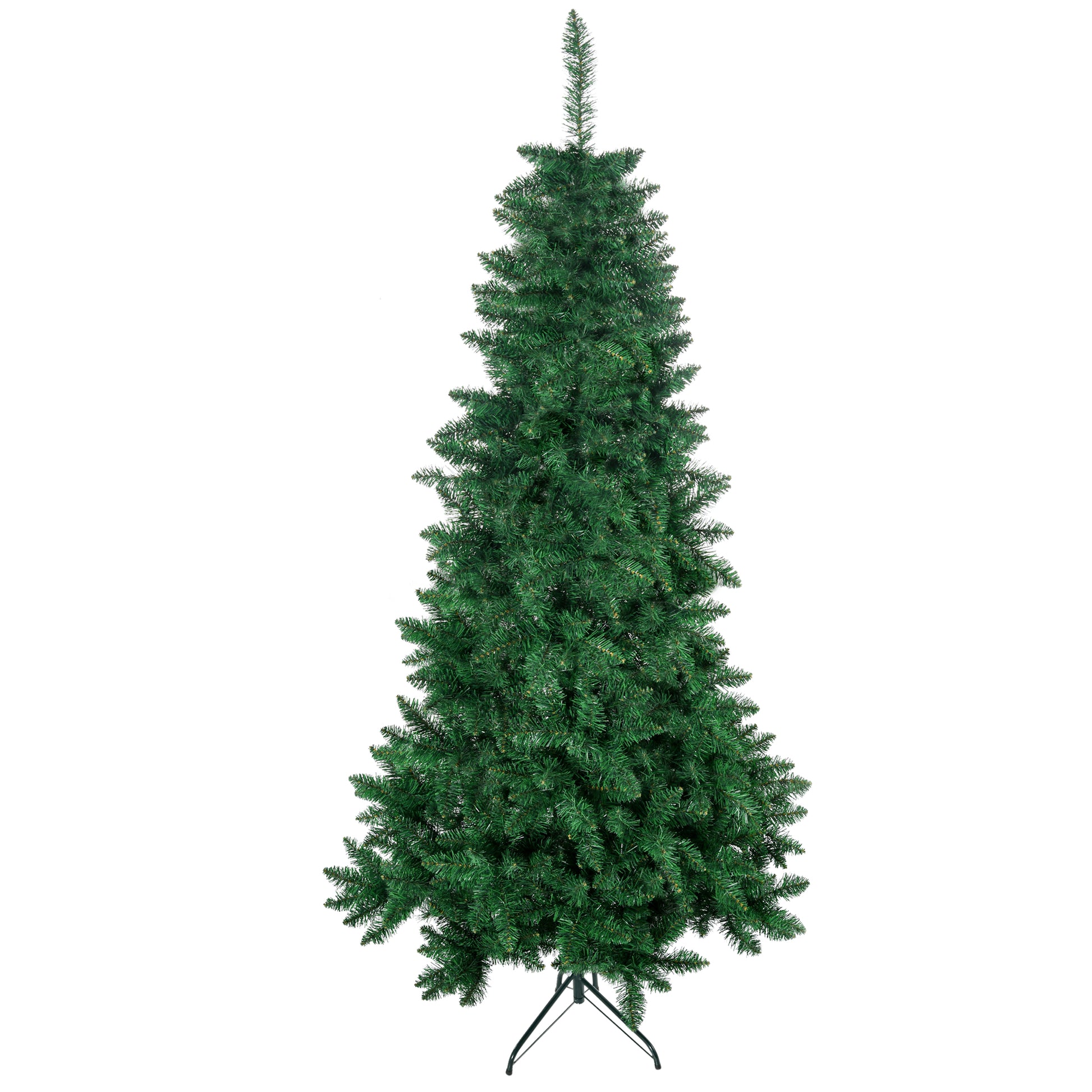 Tall slender artificial Christmas tree with realistic green pine needles and a metal stand