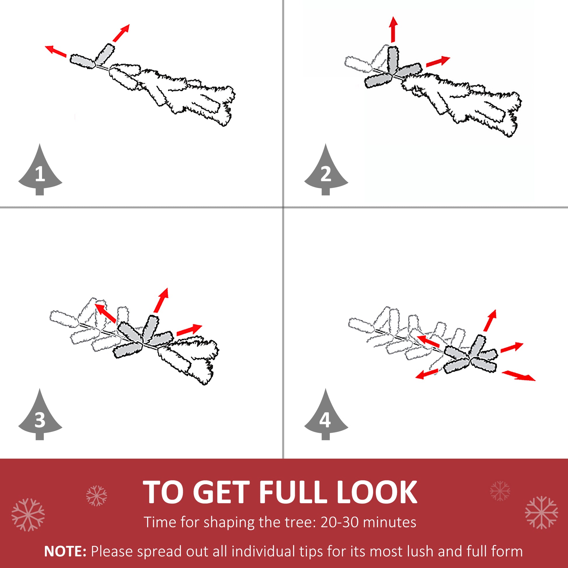Diagram illustrating step  of shaping artificial Christmas tree tips outward