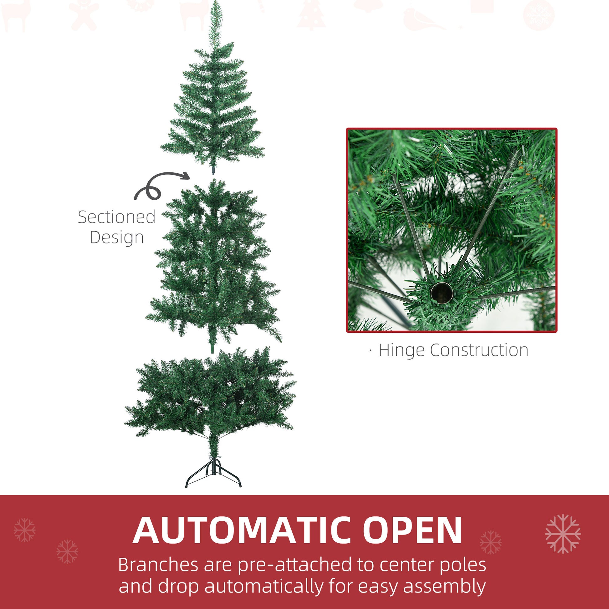 Green artificial Christmas tree with sectioned design for easy assembly