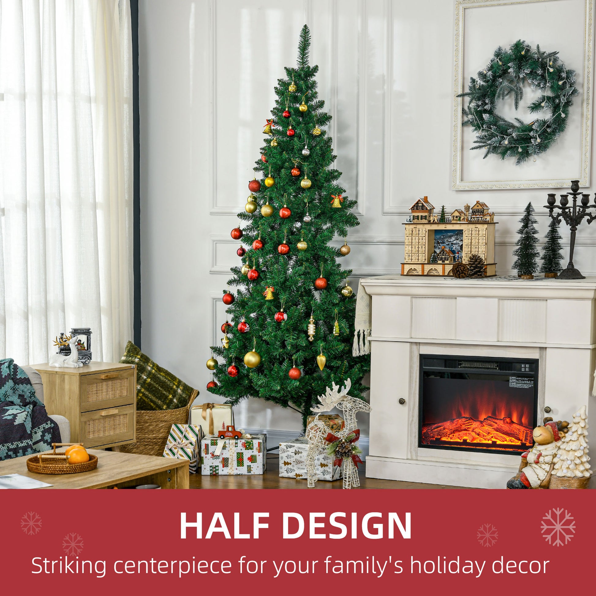 Green artificial Christmas tree with red and gold ornaments and bells
