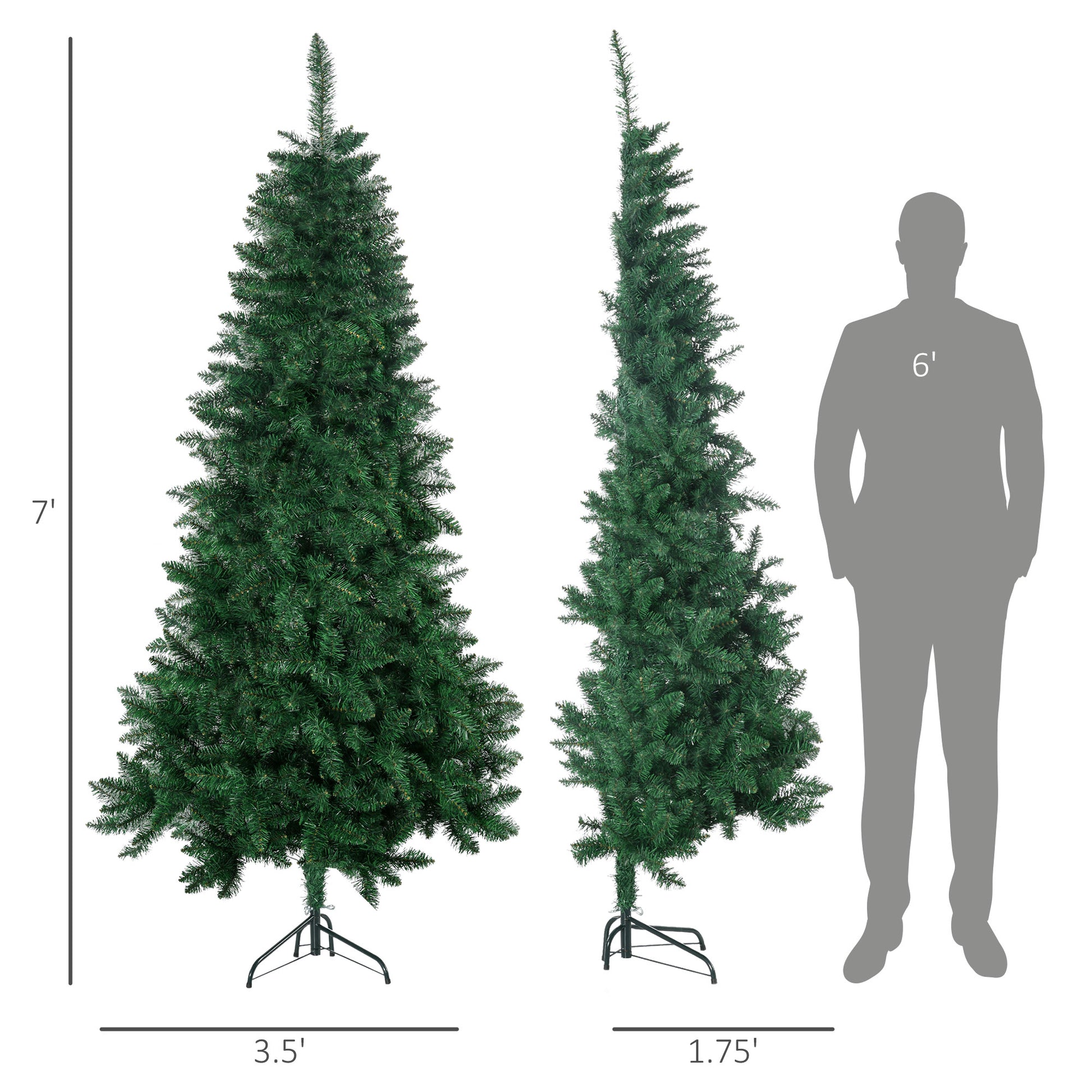 Full lush artificial Christmas tree ft tall with a ft base diameter shown with a ft figure for scale