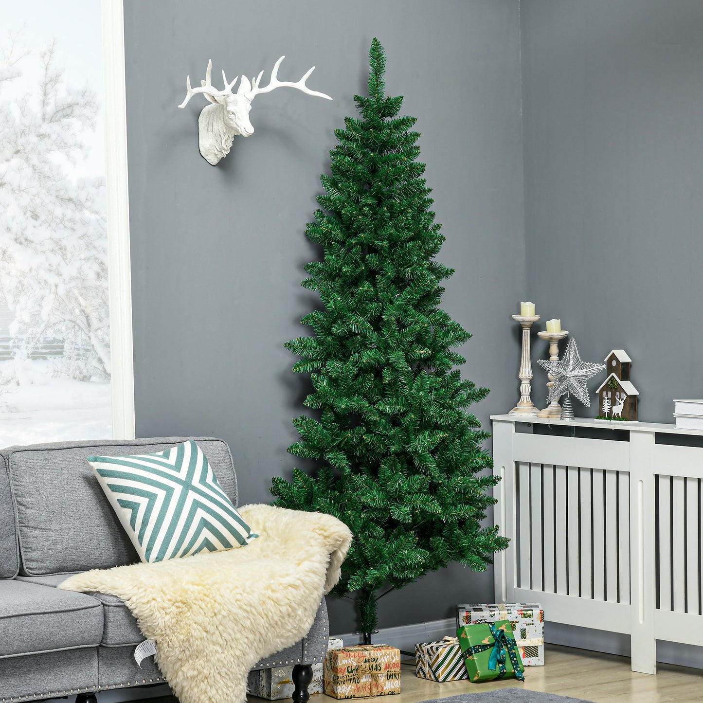 Tall artificial green Christmas tree with realistic foliage and sturdy base perfect for holiday decor