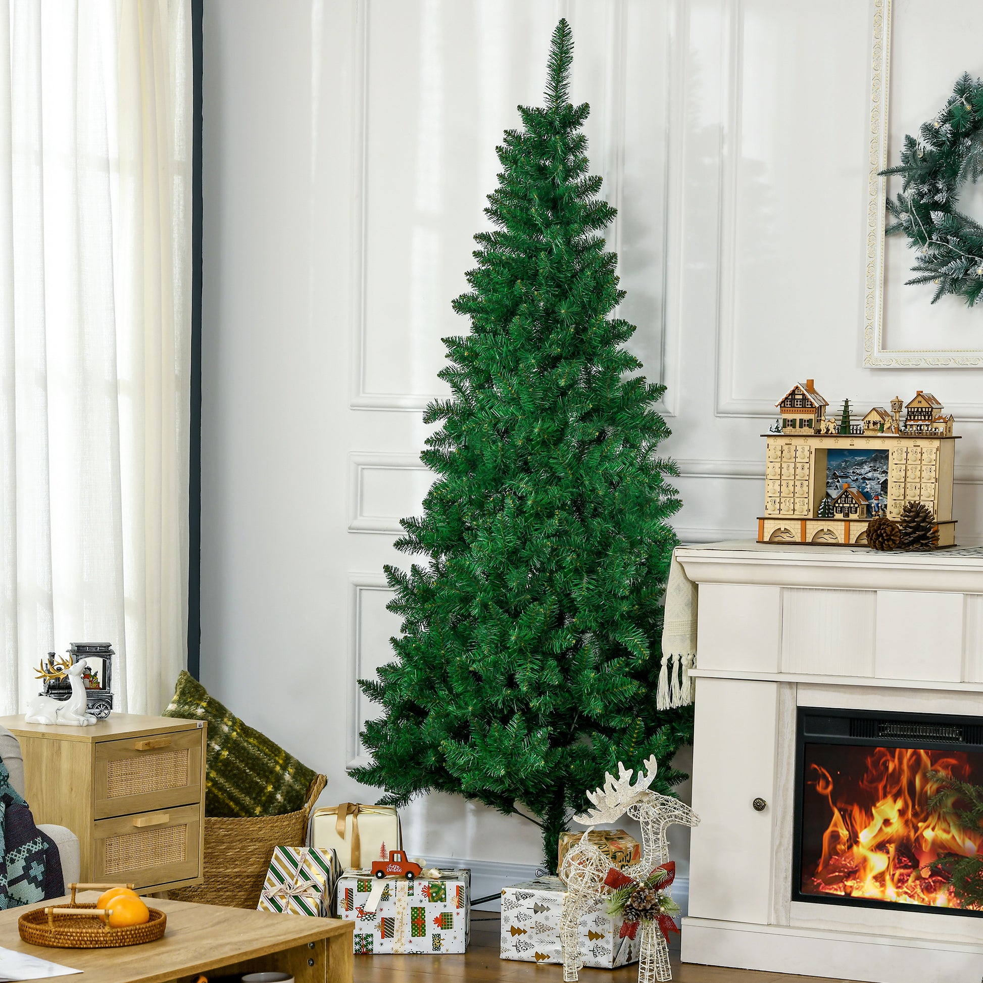 Fullsized green artificial Christmas tree with dense branches ready for festive decoration