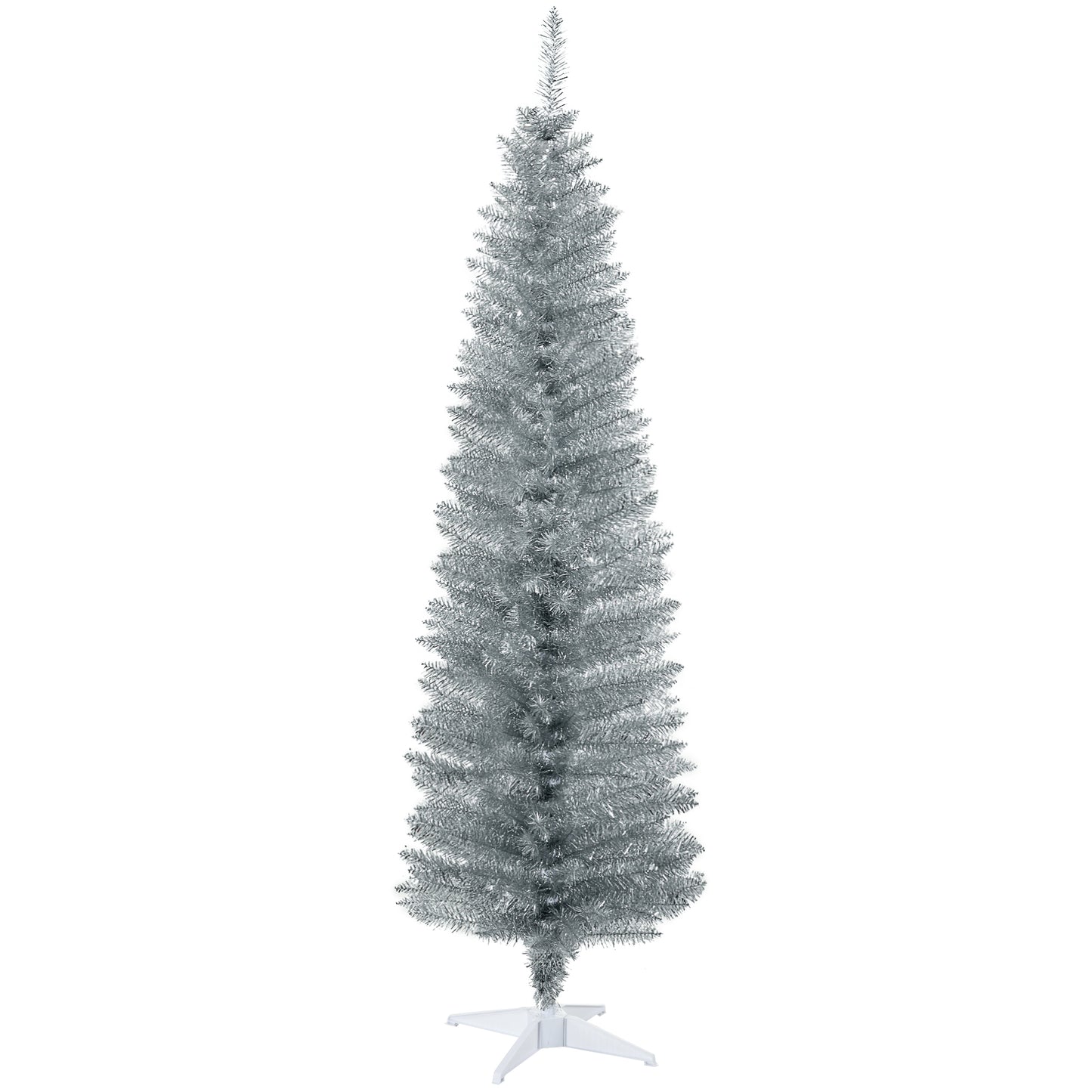 Slim silver tinsel artificial Christmas tree with white stand