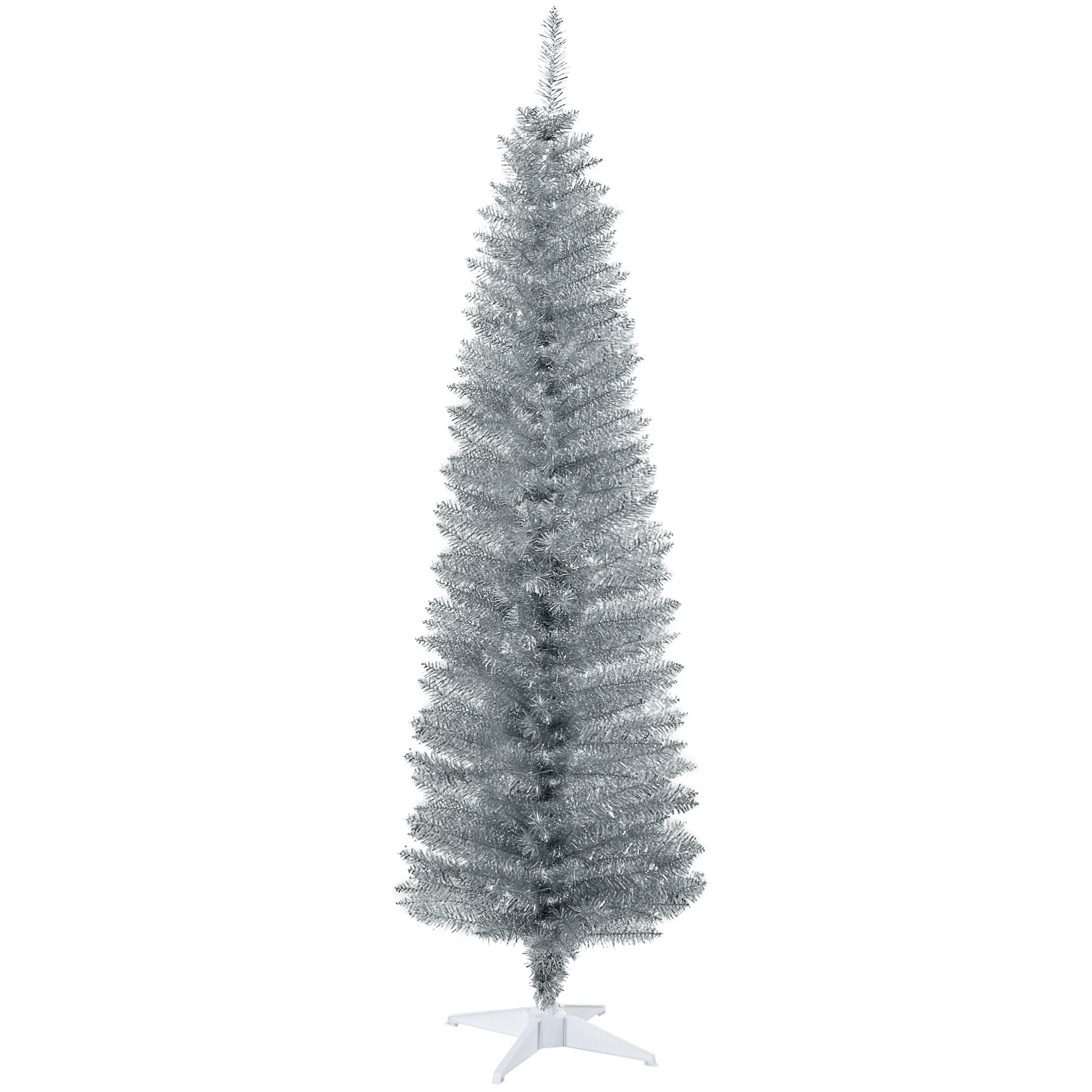 Slim silver tinsel artificial Christmas tree with white stand