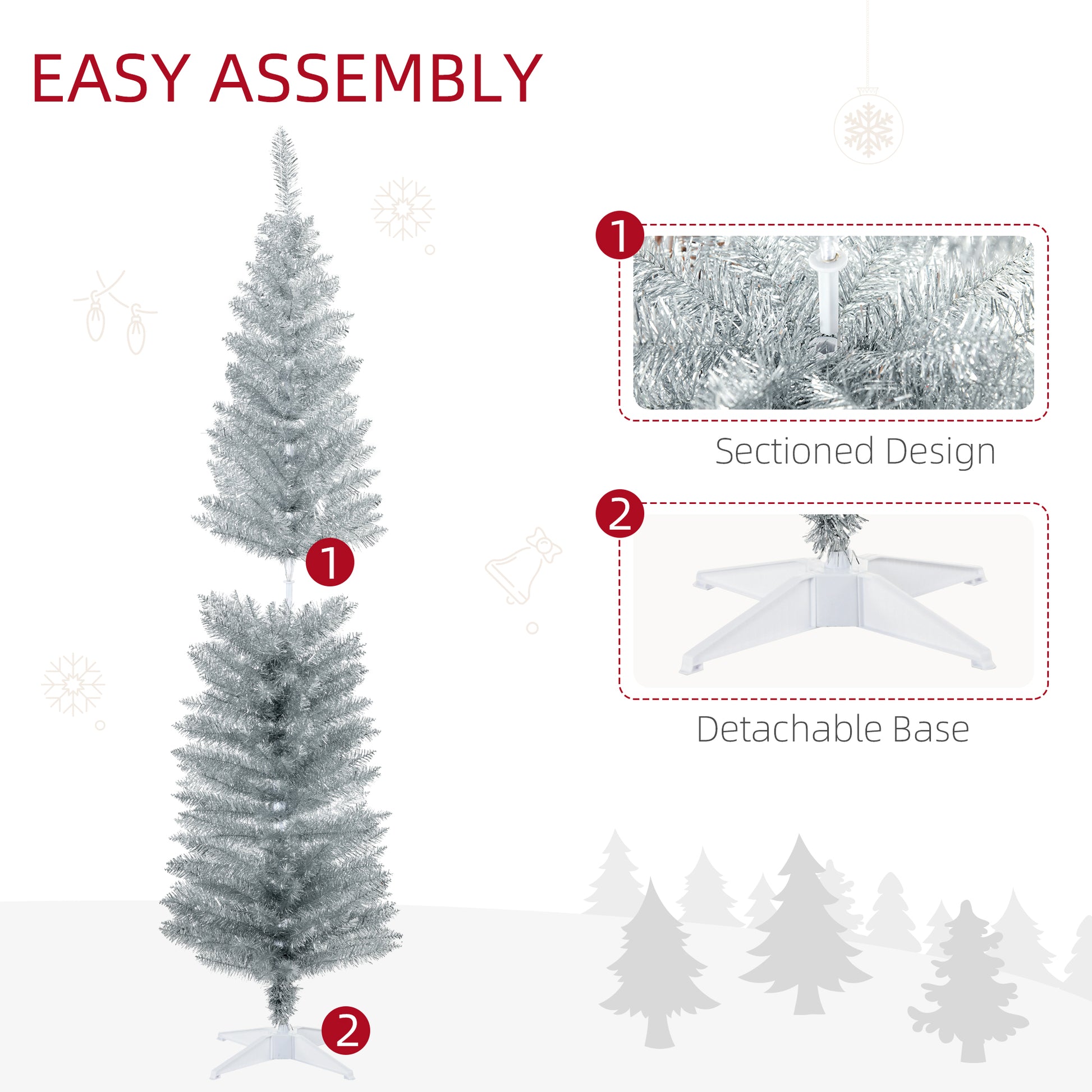 Silver tinsel artificial Christmas tree with sectioned design and detachable base for easy assembly
