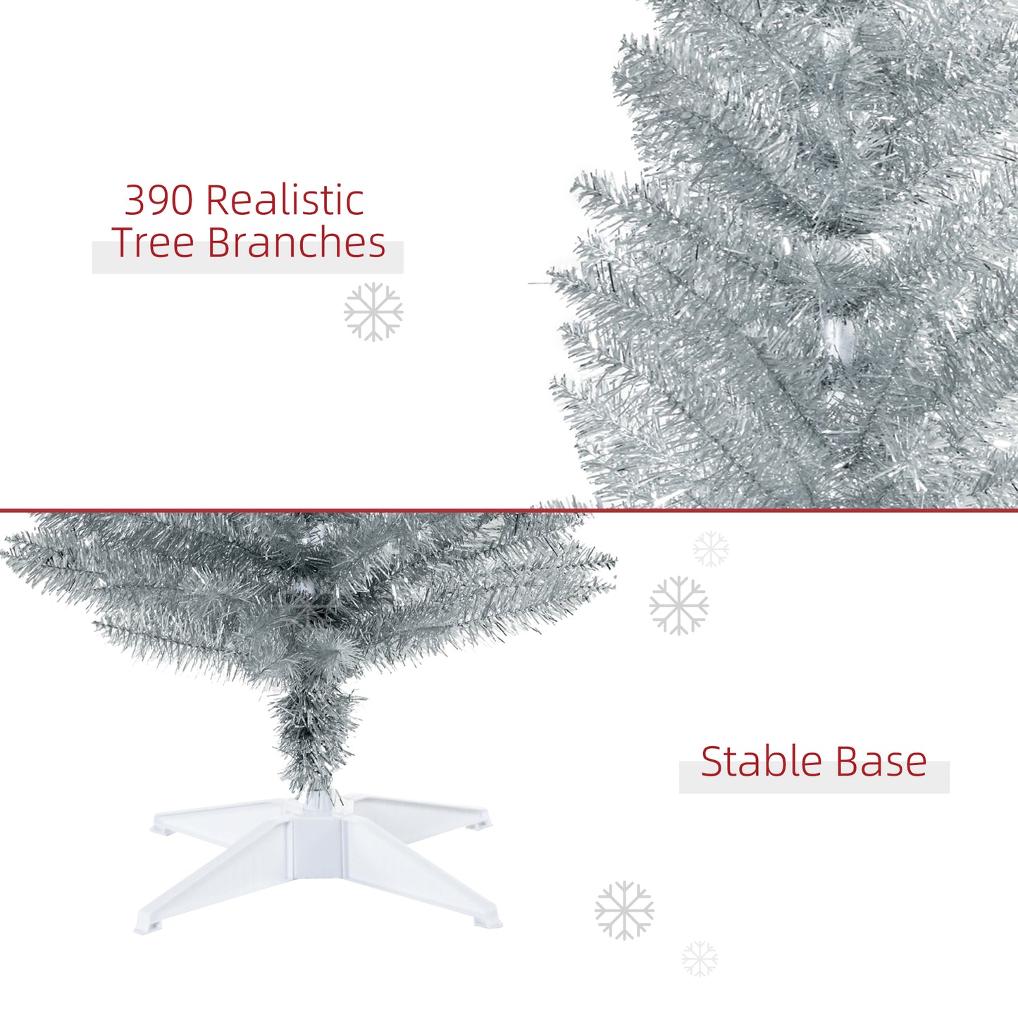 Silver artificial Christmas tree with  realistic branches and a stable white base