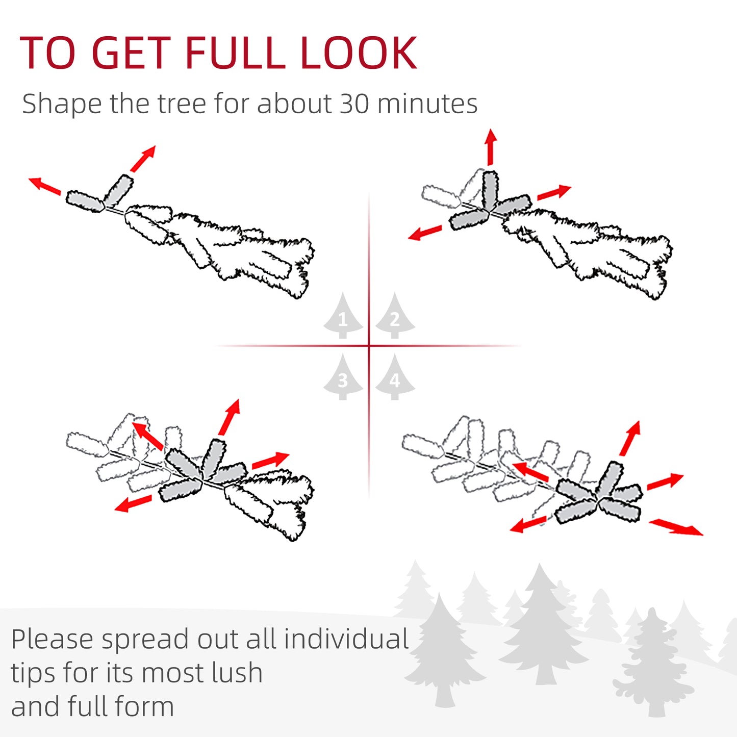 Diagram showing how to shape artificial Christmas tree branches for a full look