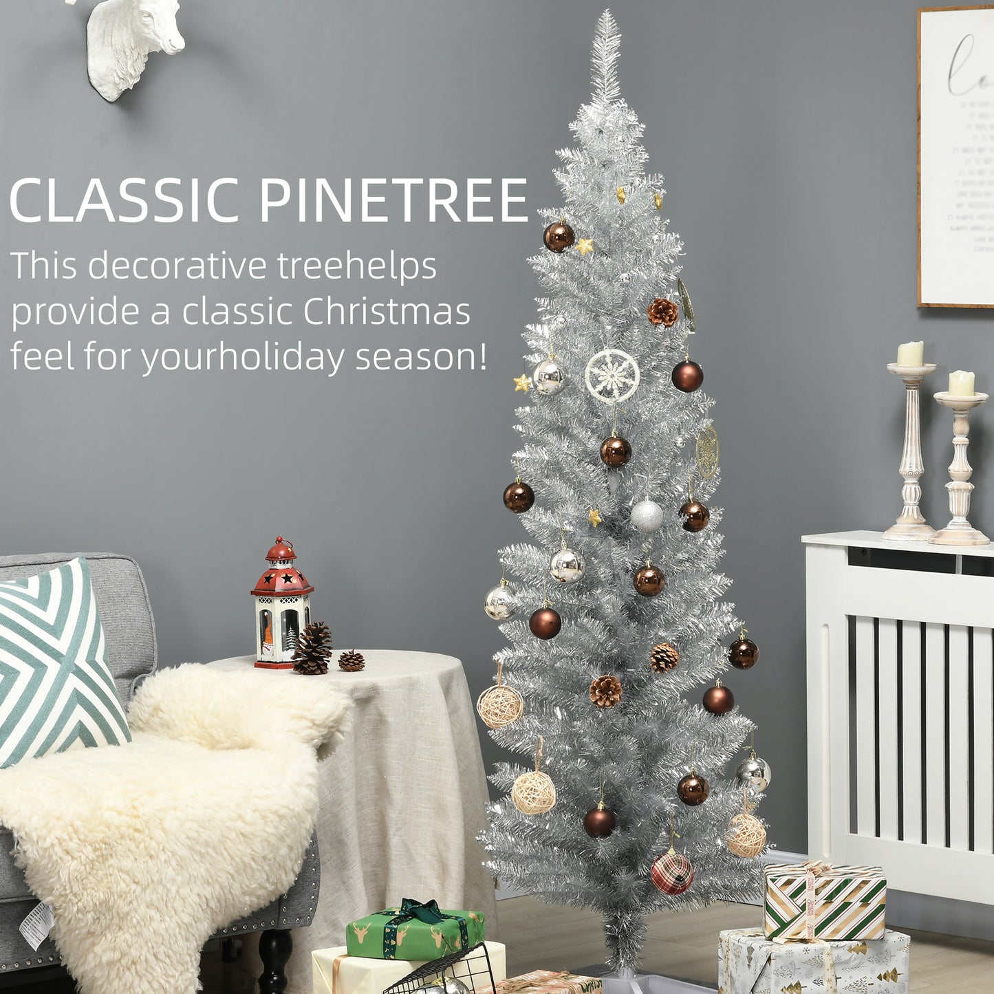 Silver artificial Christmas tree with bronze and silver ornaments