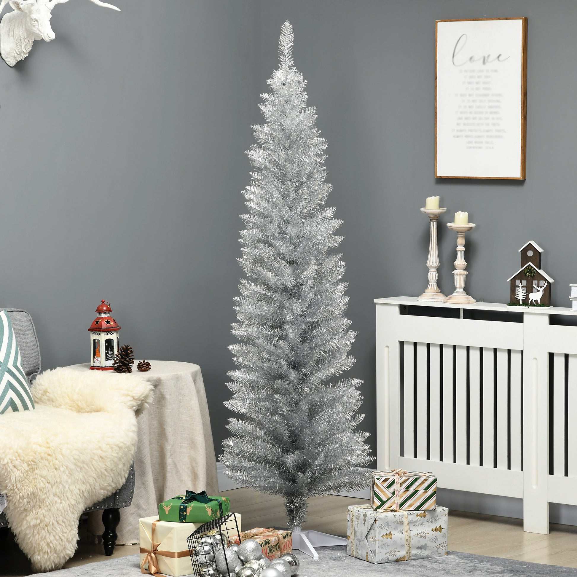 Slender silver tinsel christmas tree perfect for small spaces