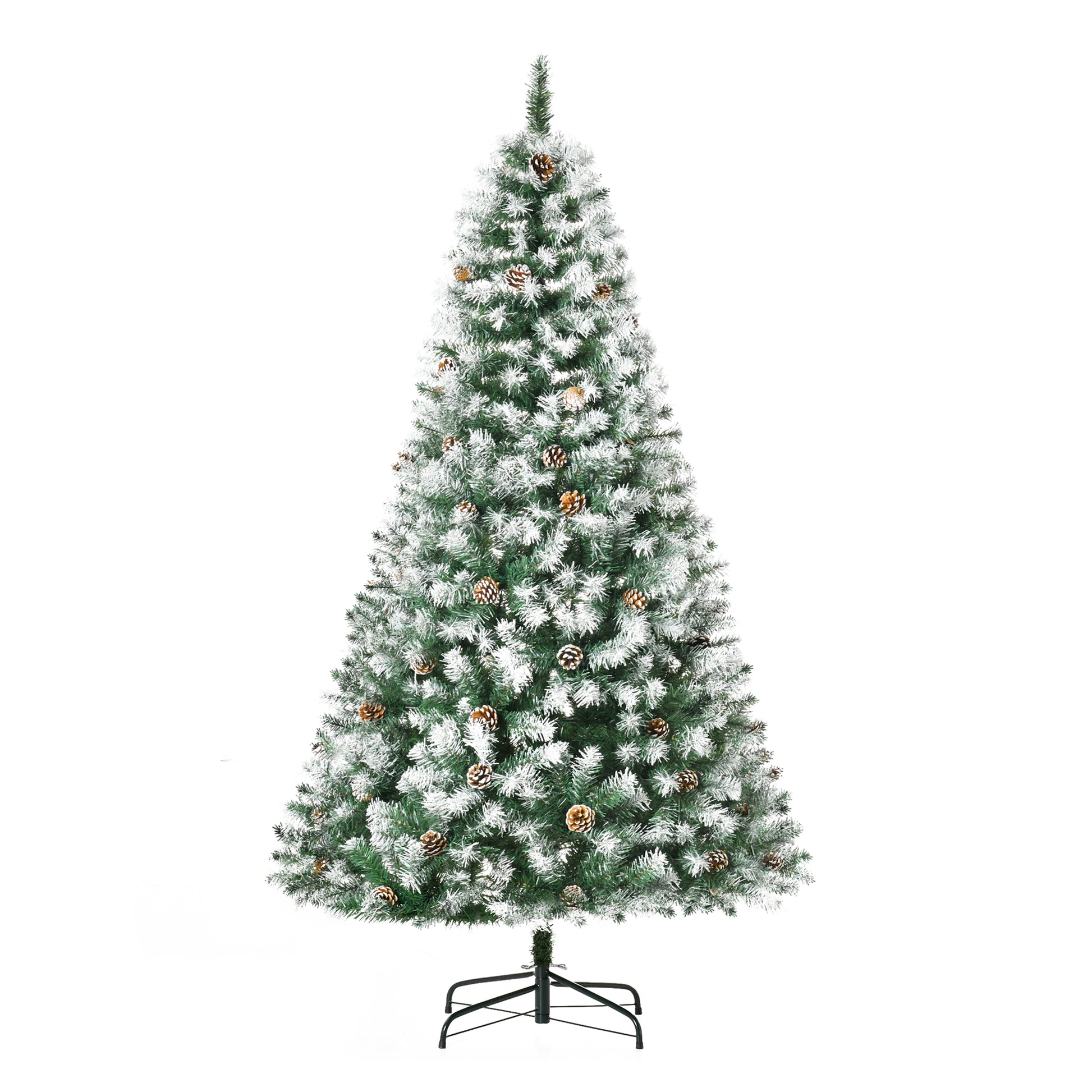 Flocked green artificial christmas tree with pinecones and metal stand