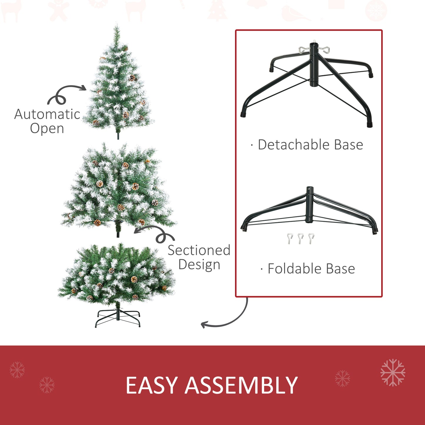 Snowdusted artificial Christmas tree with pinecones automatic open feature