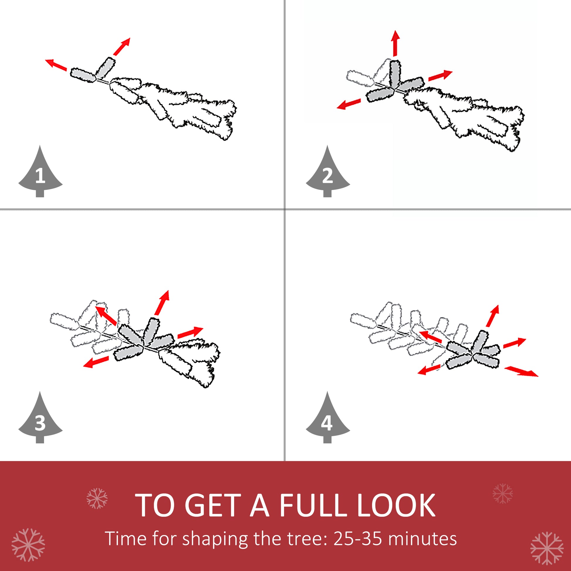 Diagram illustrating step  of fluffing artificial Christmas tree branches with red arrows indicating movement