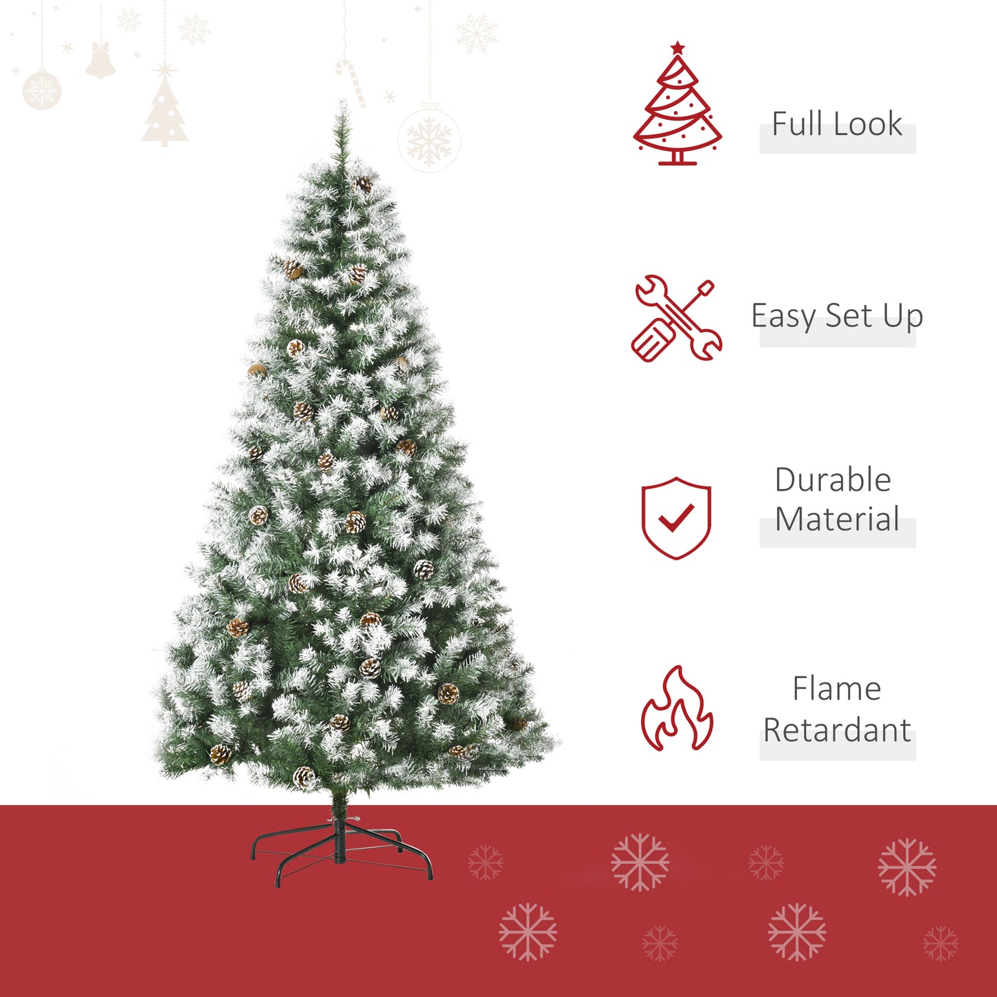 Flocked artificial Christmas tree with pine cones and a sturdy stand