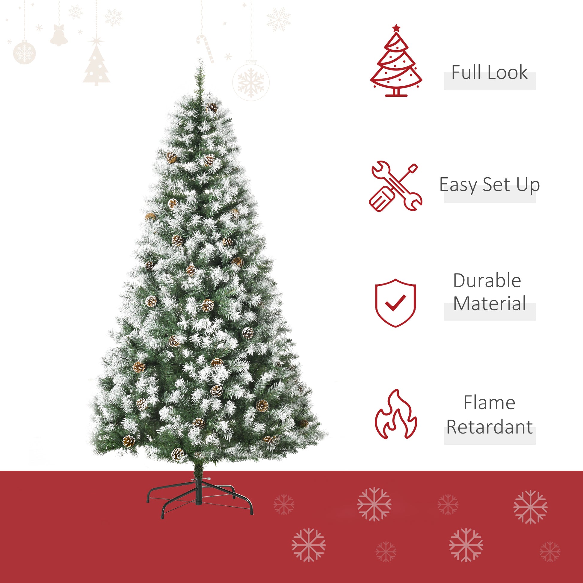Flocked artificial Christmas tree with pine cones and a sturdy stand