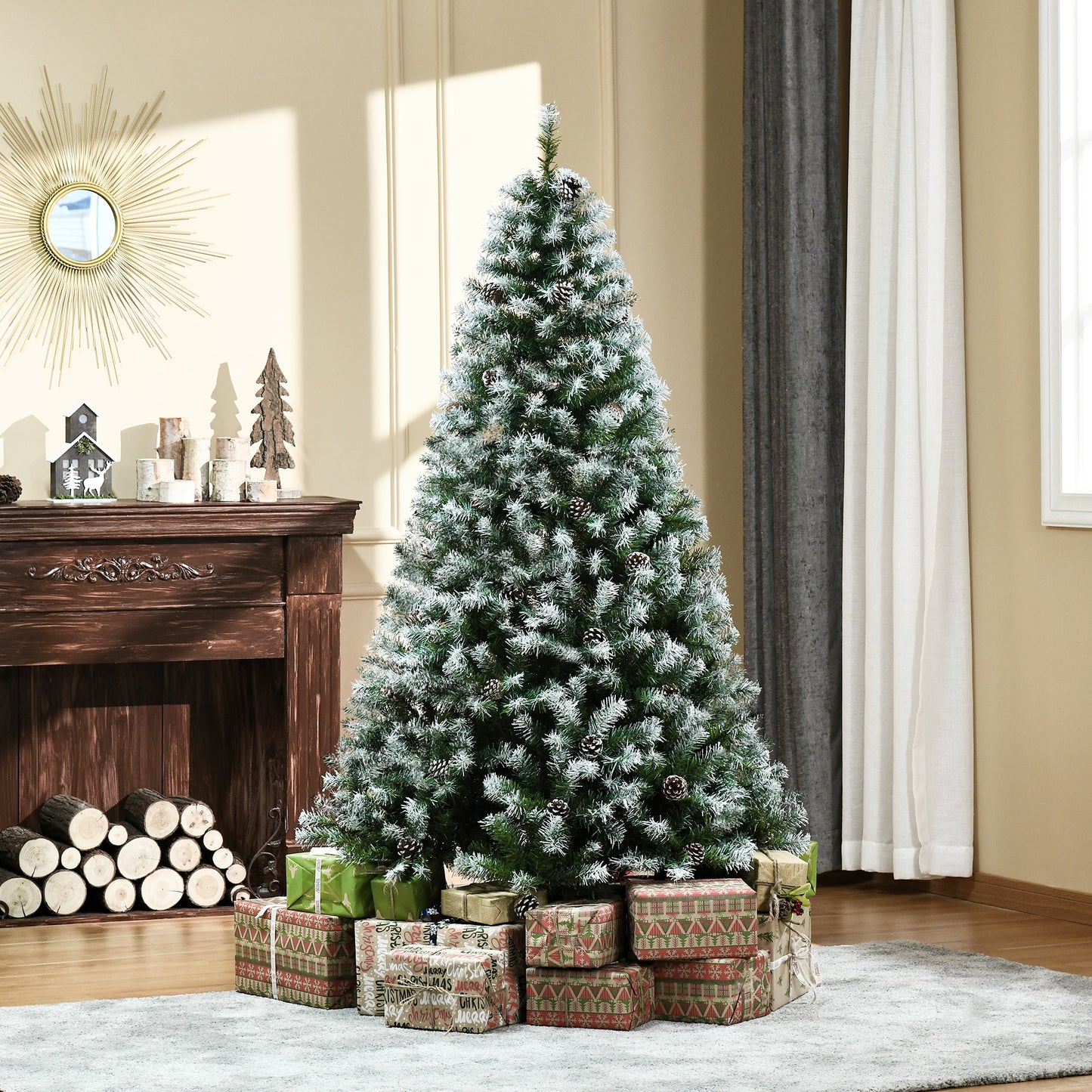 Flocked artificial Christmas tree with pinecones and wrapped gifts