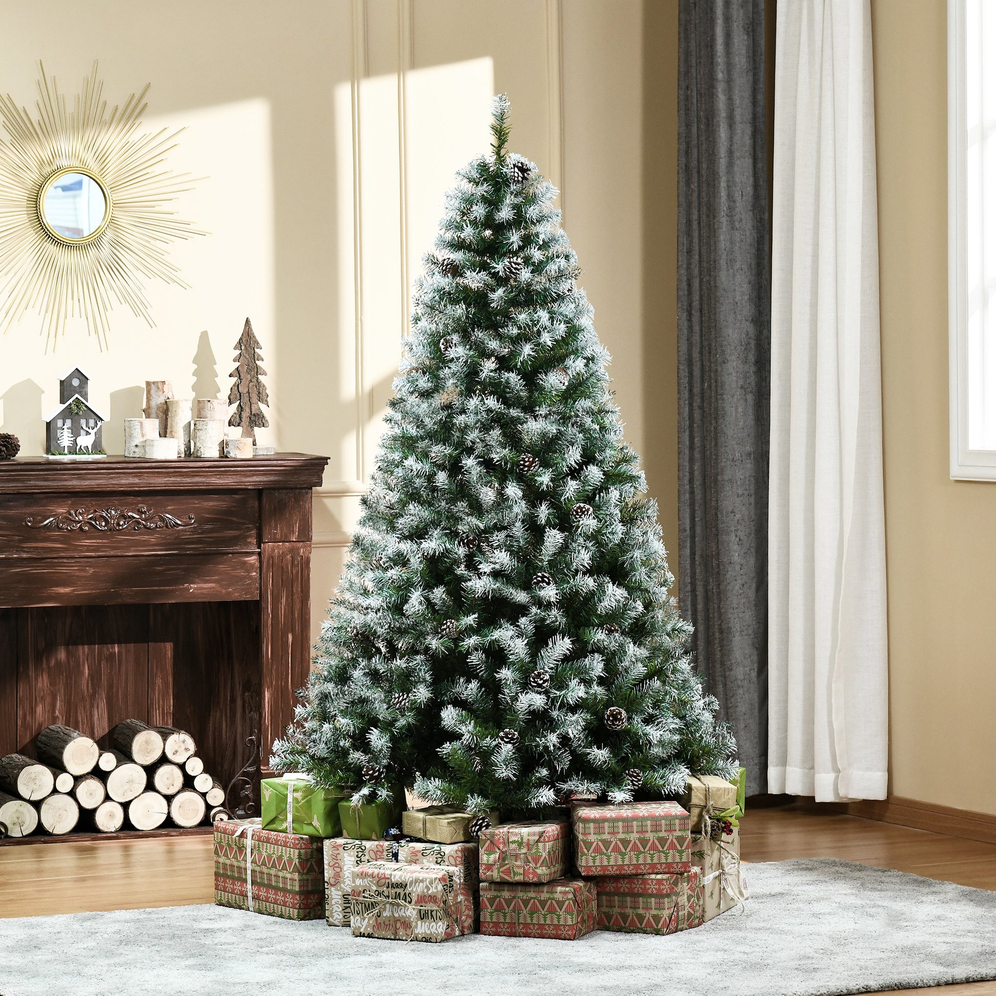 Flocked artificial Christmas tree with pinecones and wrapped gifts