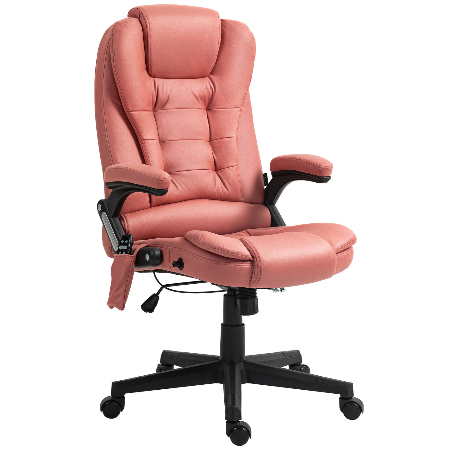 Pink executive office chair with quilted back and headrest featuring padded armrests