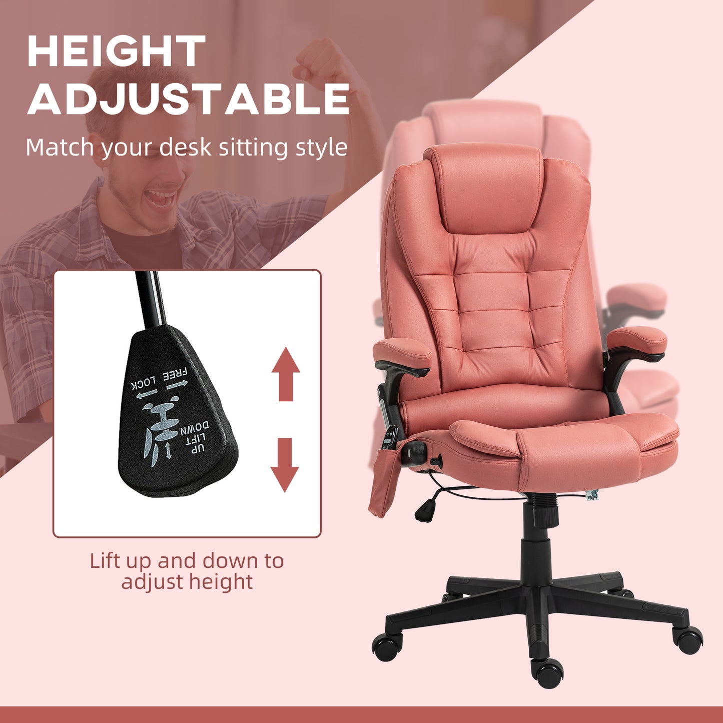 Pink ergonomic office chair with height adjustment lever and lumbar support
