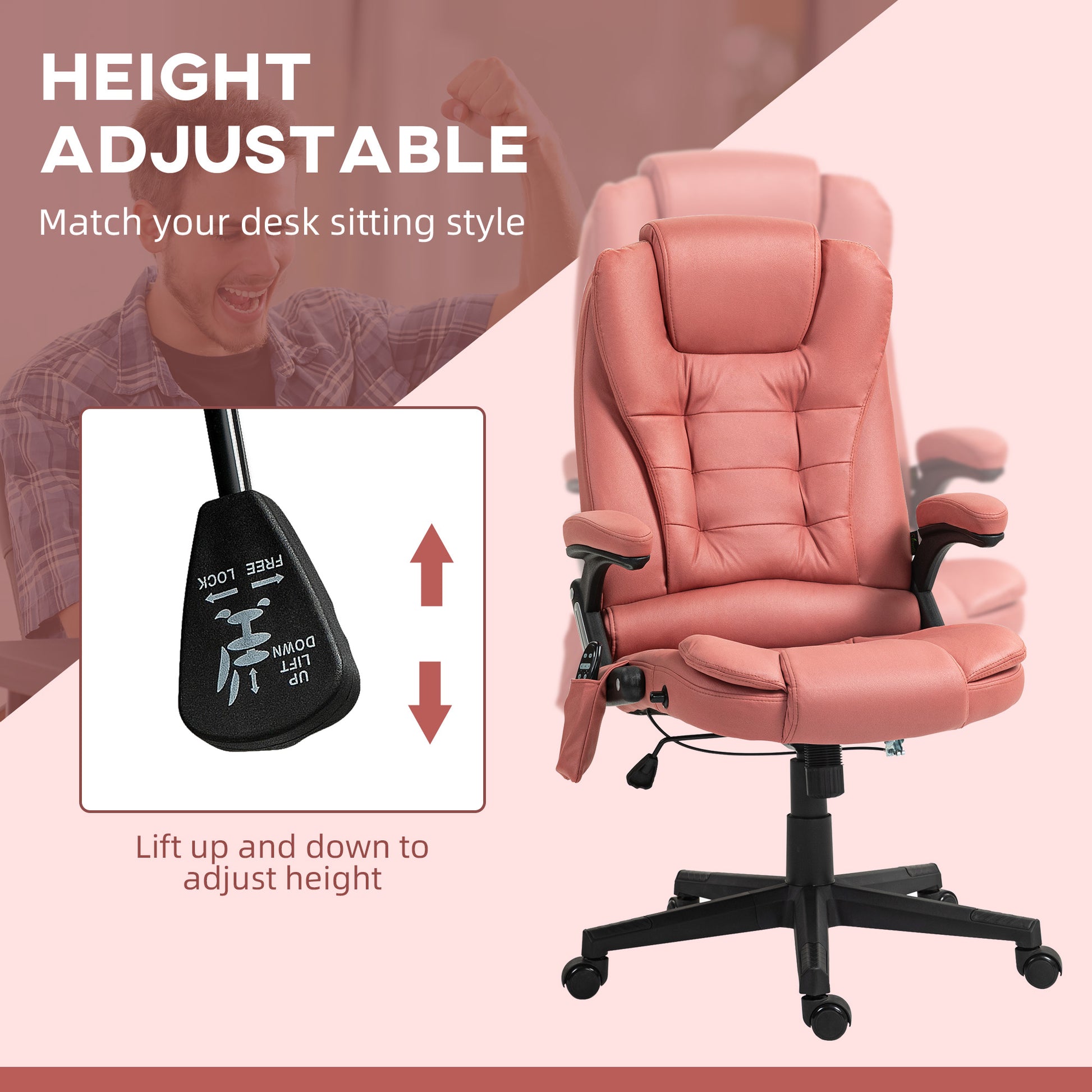 Pink ergonomic office chair with height adjustment lever and lumbar support