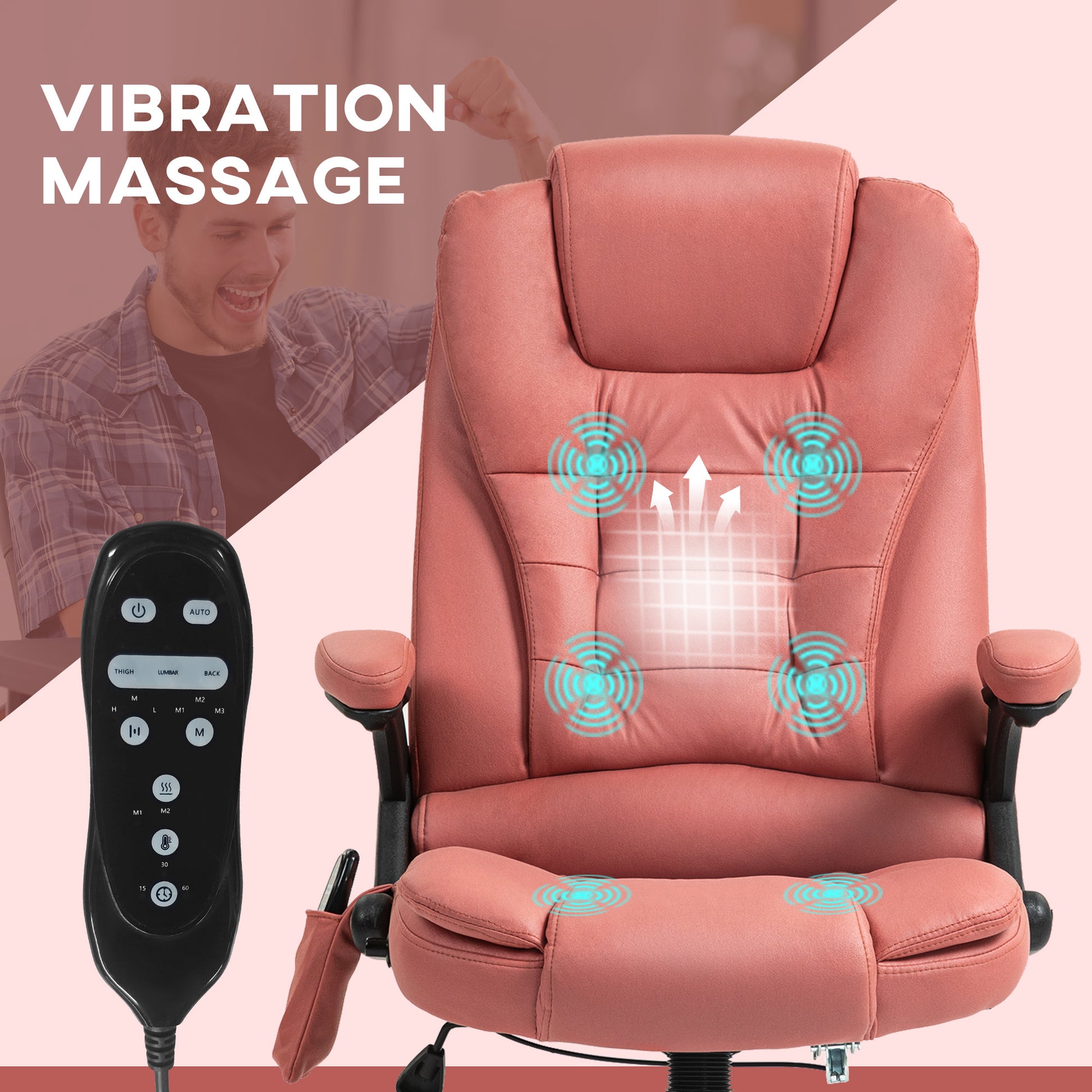 Salmon pink ergonomic massage chair with remote control and vibration graphics