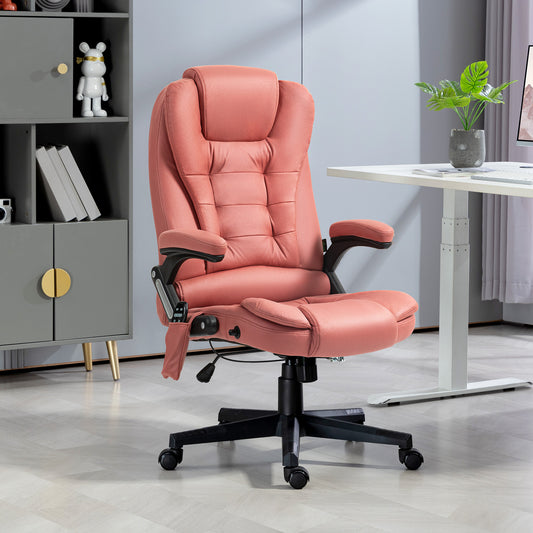 Ergonomic office chair with plush cushioning and headrest in a coral hue