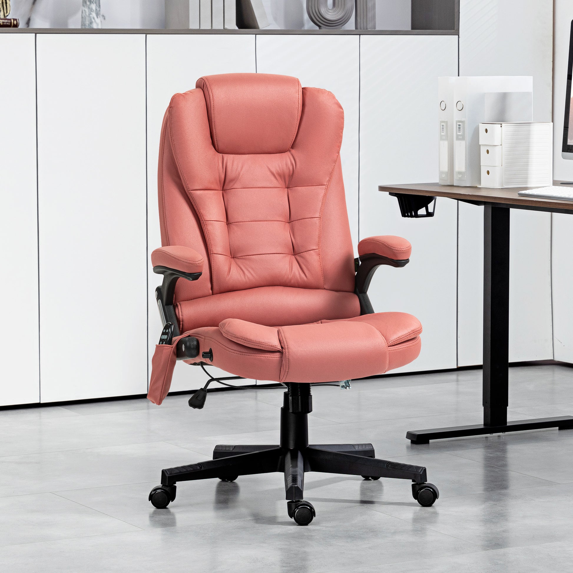 Adjustable coral pink ergonomic office chair with lumbar support and headrest