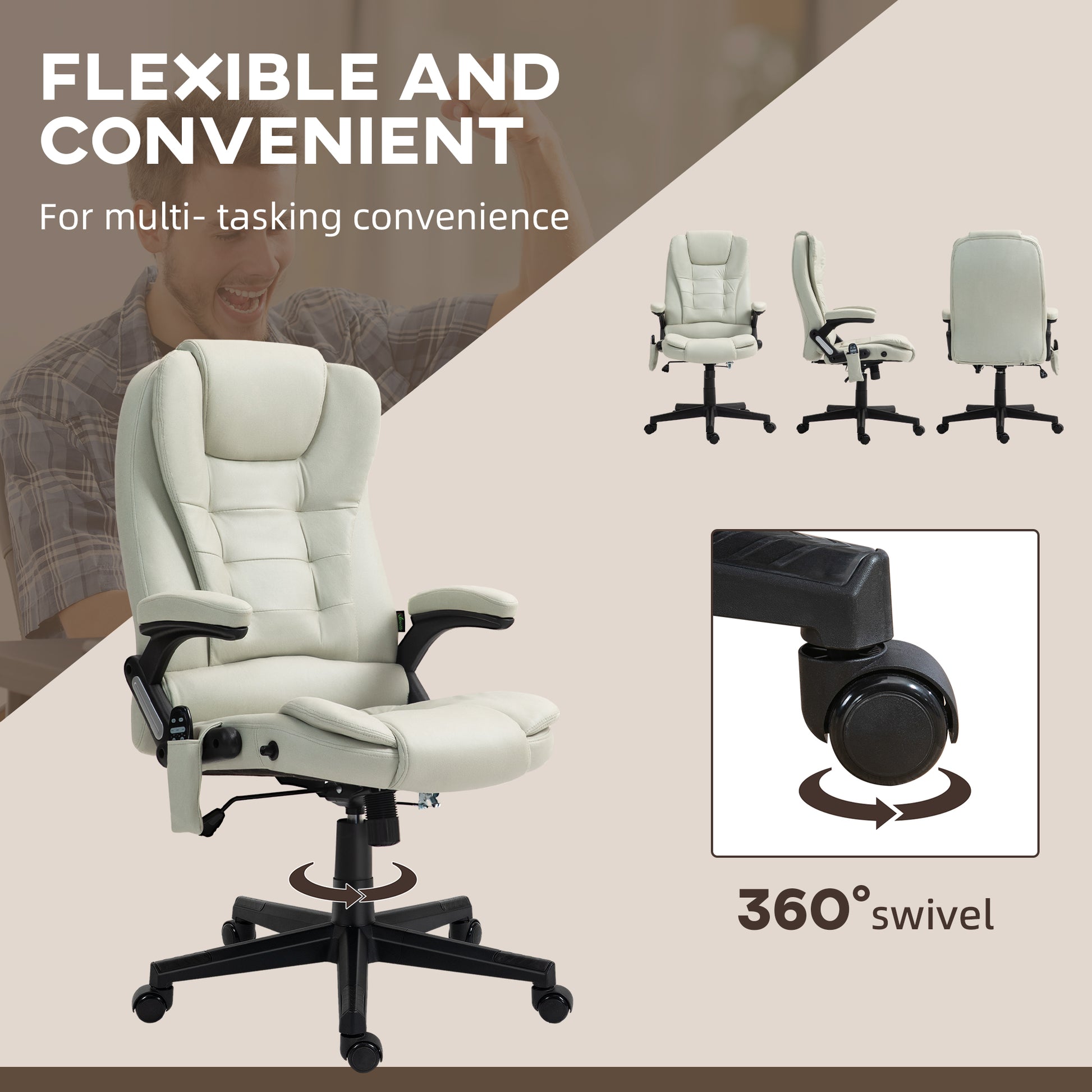 Ergonomic executive chair in cream faux leather with massage and swivel features