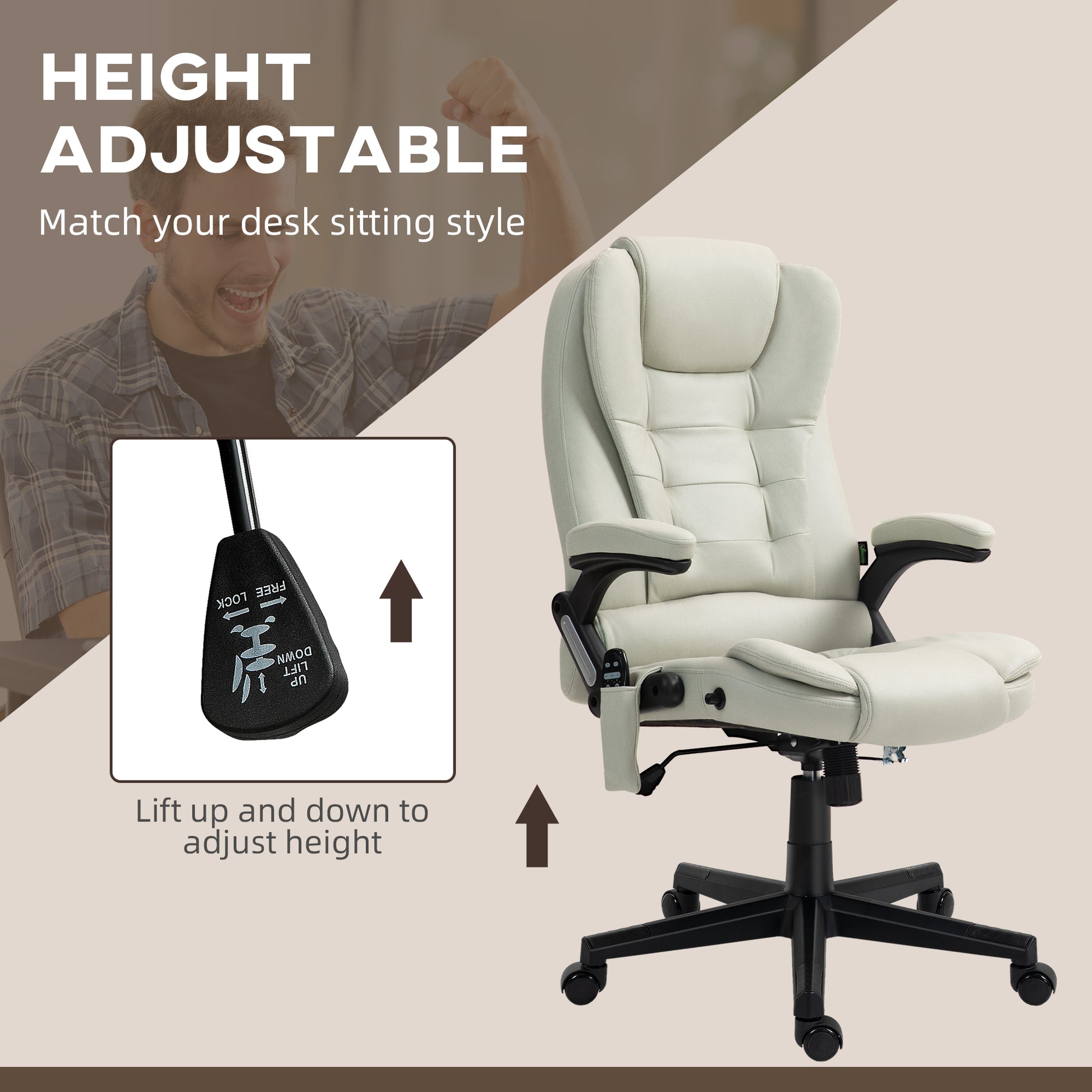 Cream faux leather ergonomic office chair with adjustable height lever and headrest