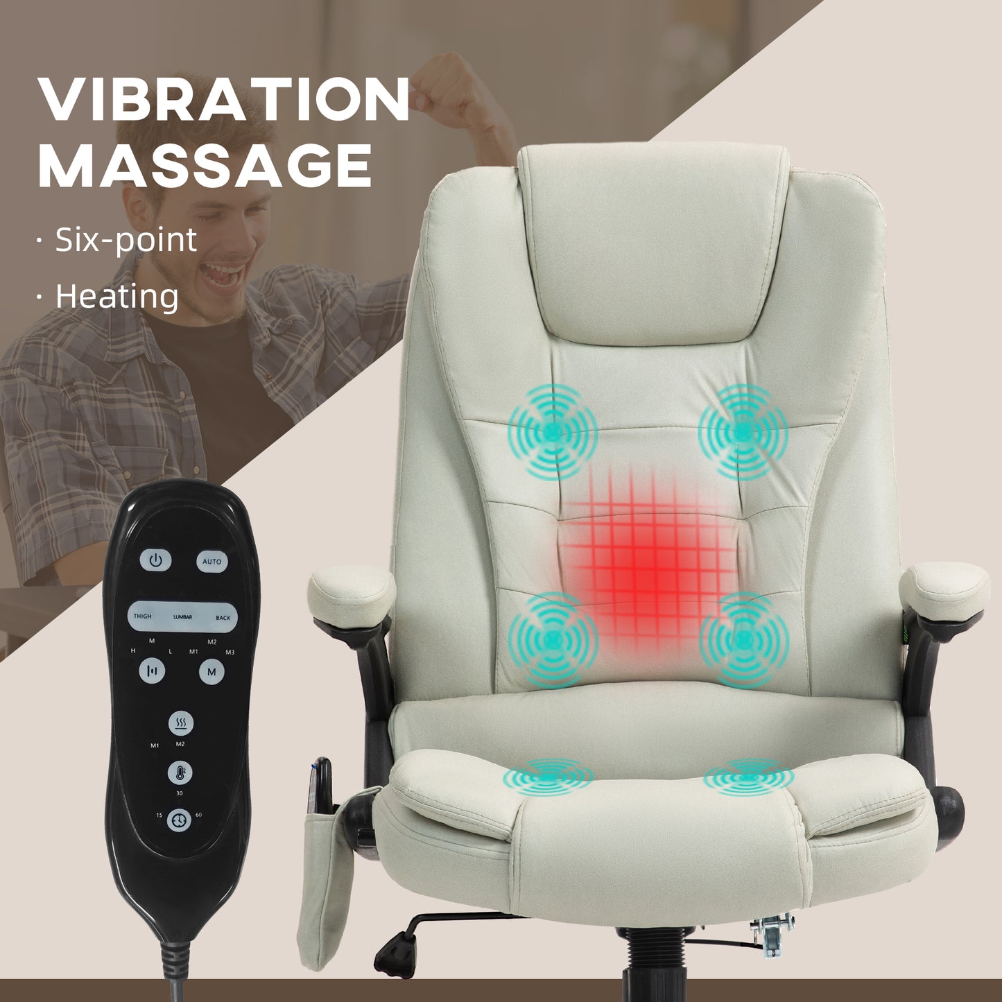 Cream leather office chair with sixpoint vibration massage and heating features