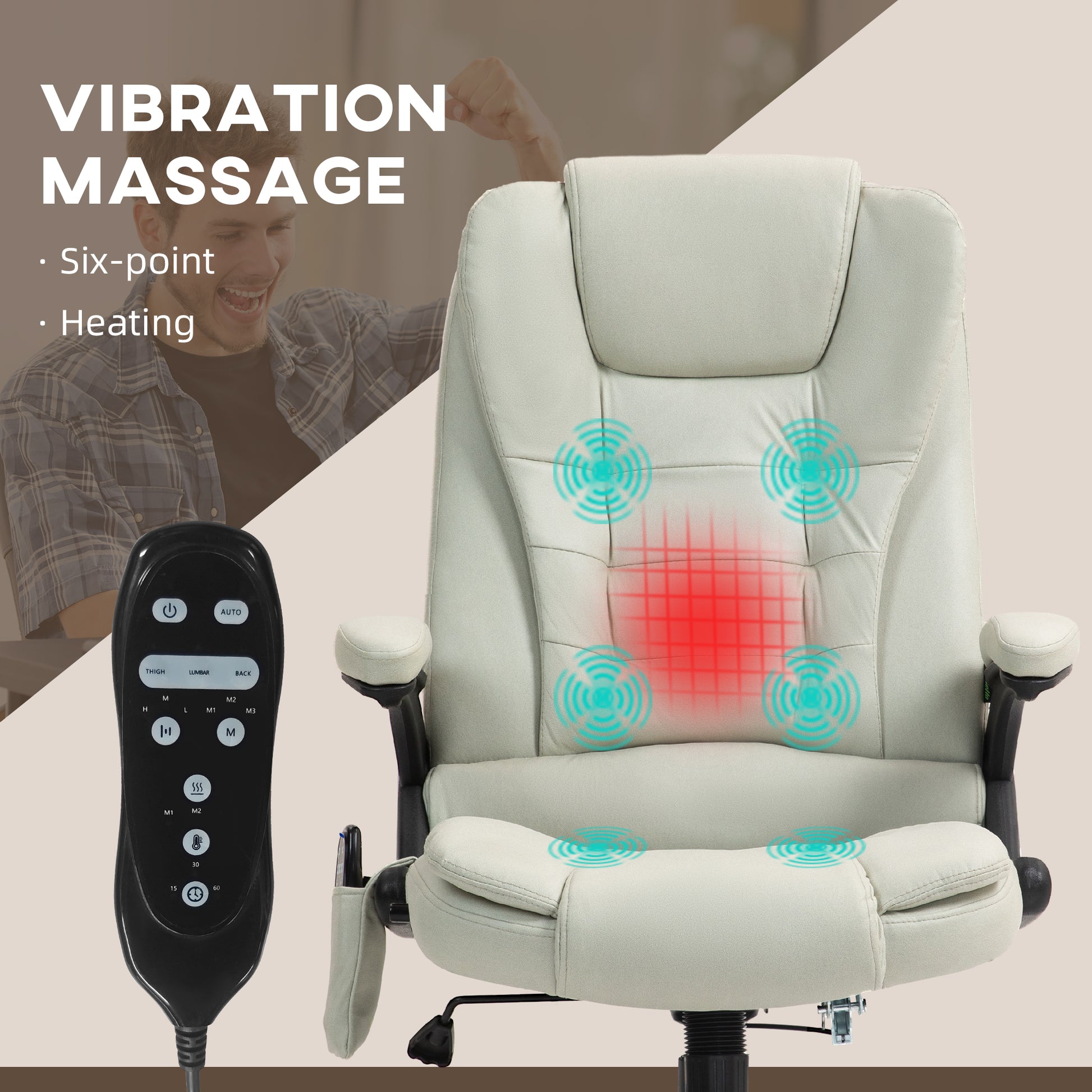 Cream leather office chair with sixpoint vibration massage and heating features