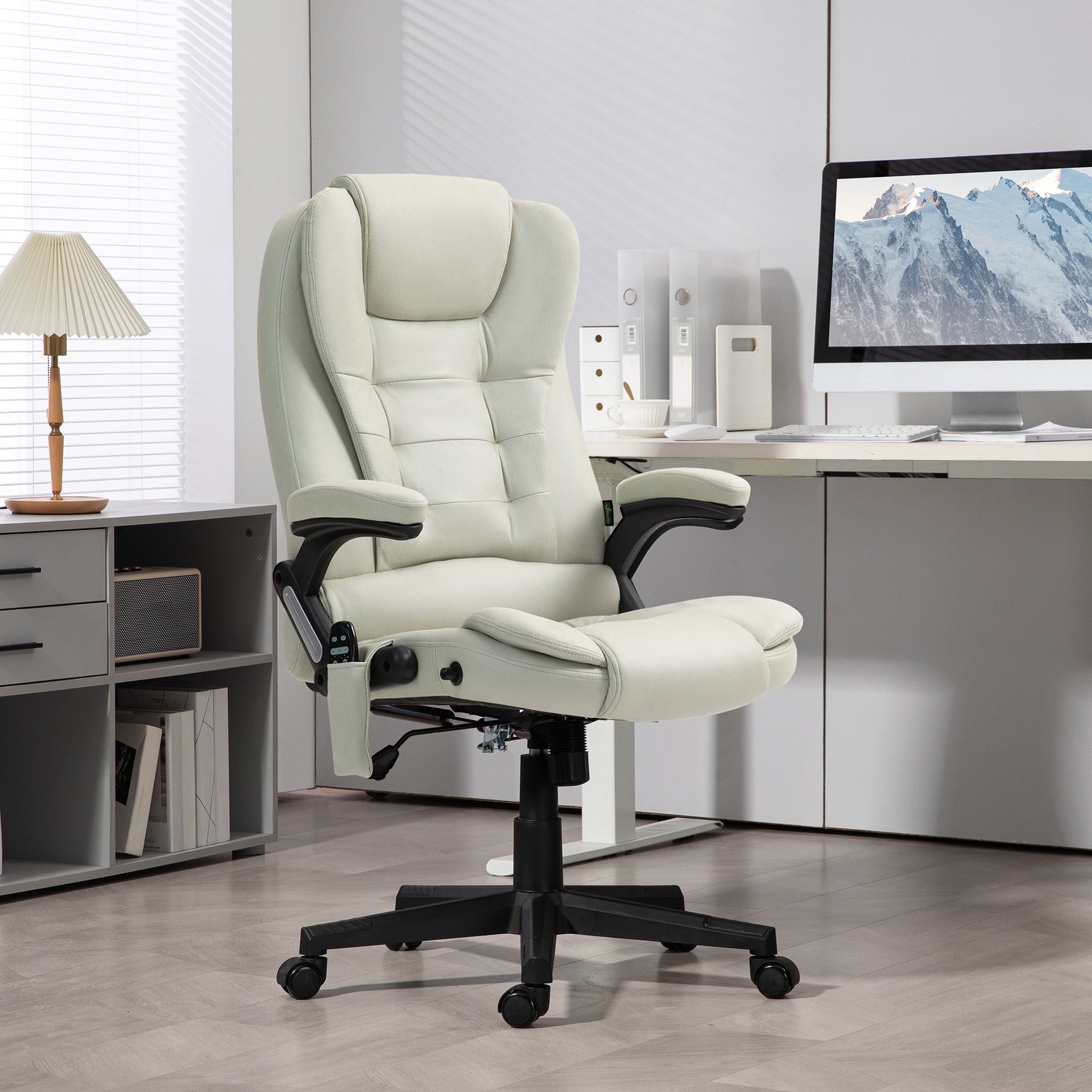 Comfortable white executive office chair with plush cushioning and adjustable lumbar support