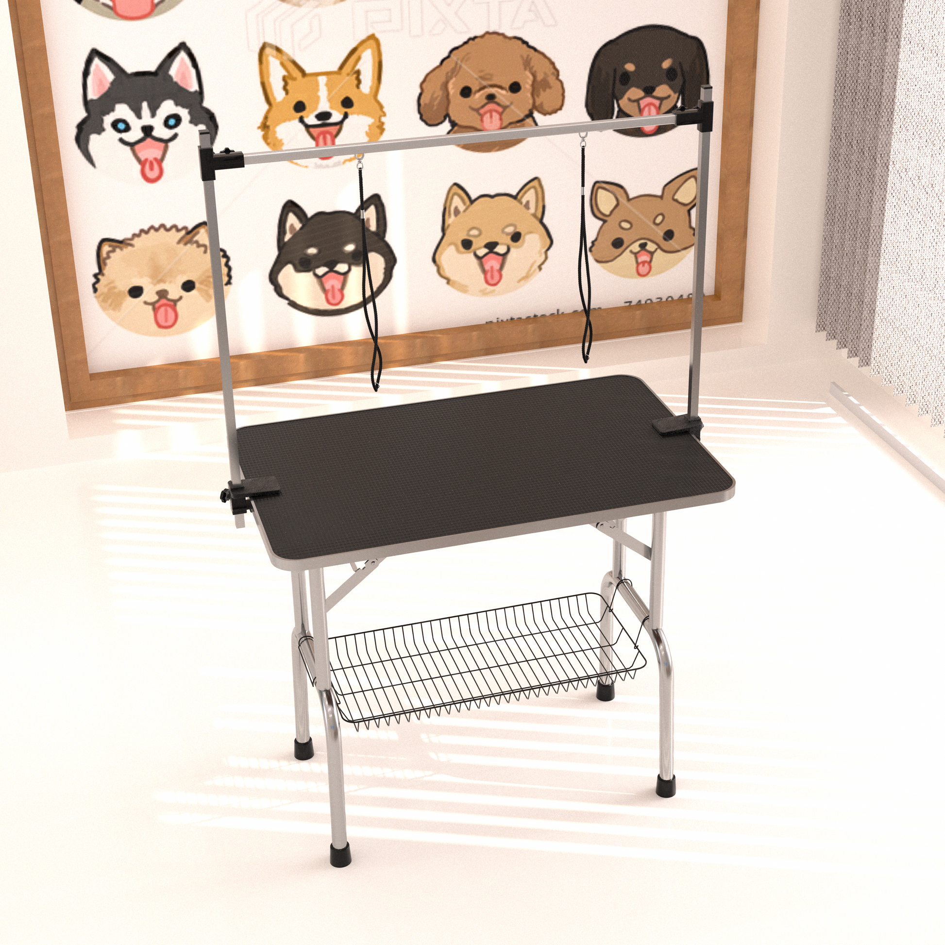 Black grooming table with silver legs and storage basket ideal for pet care