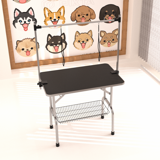 Black grooming table with silver legs and storage basket ideal for pet care