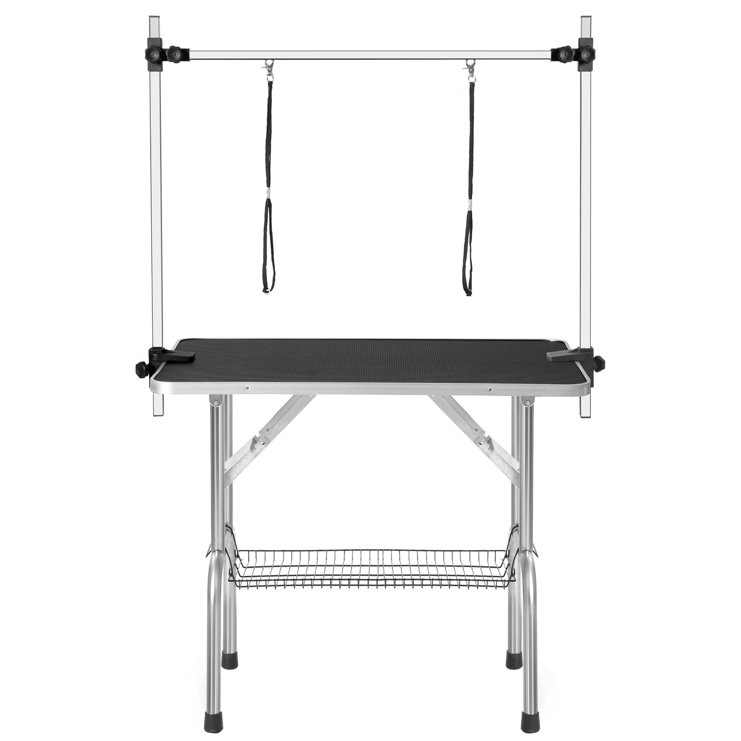 Adjustable grooming table with adjustable straps for secure pet handling and storage basket